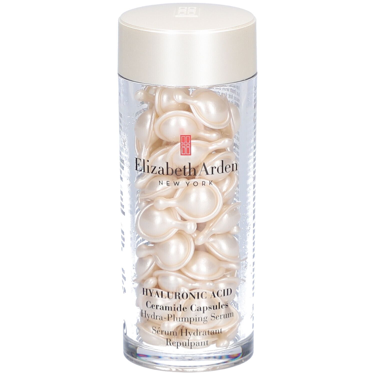 Kapseln in einem transparenten Behälter. Aufschrift: Elizabeth Arden, Hyaluronsäure Ceramide Capsules.