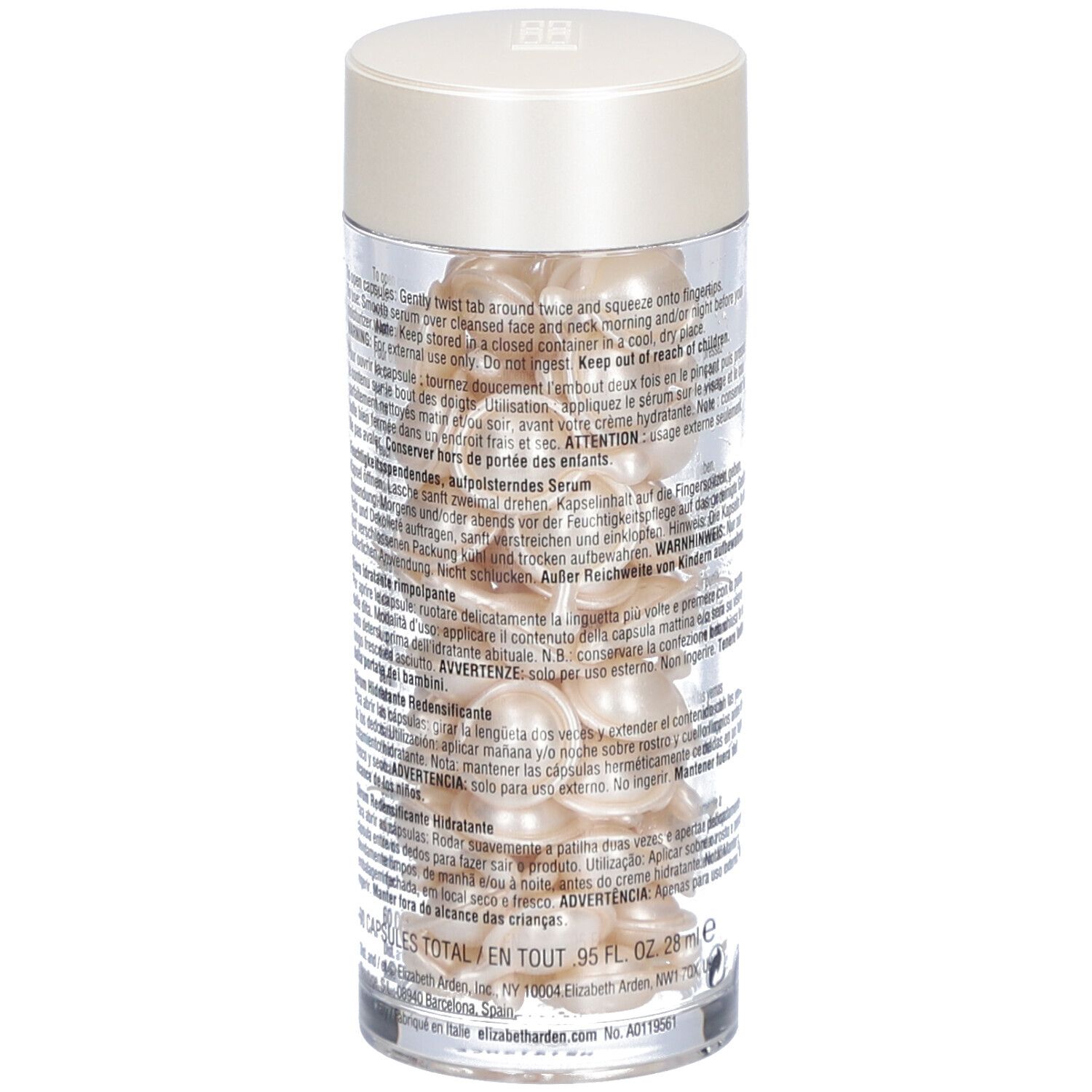 Transparenter Behälter mit Kapseln. Rückseite mit Text. Deckel in Creme.