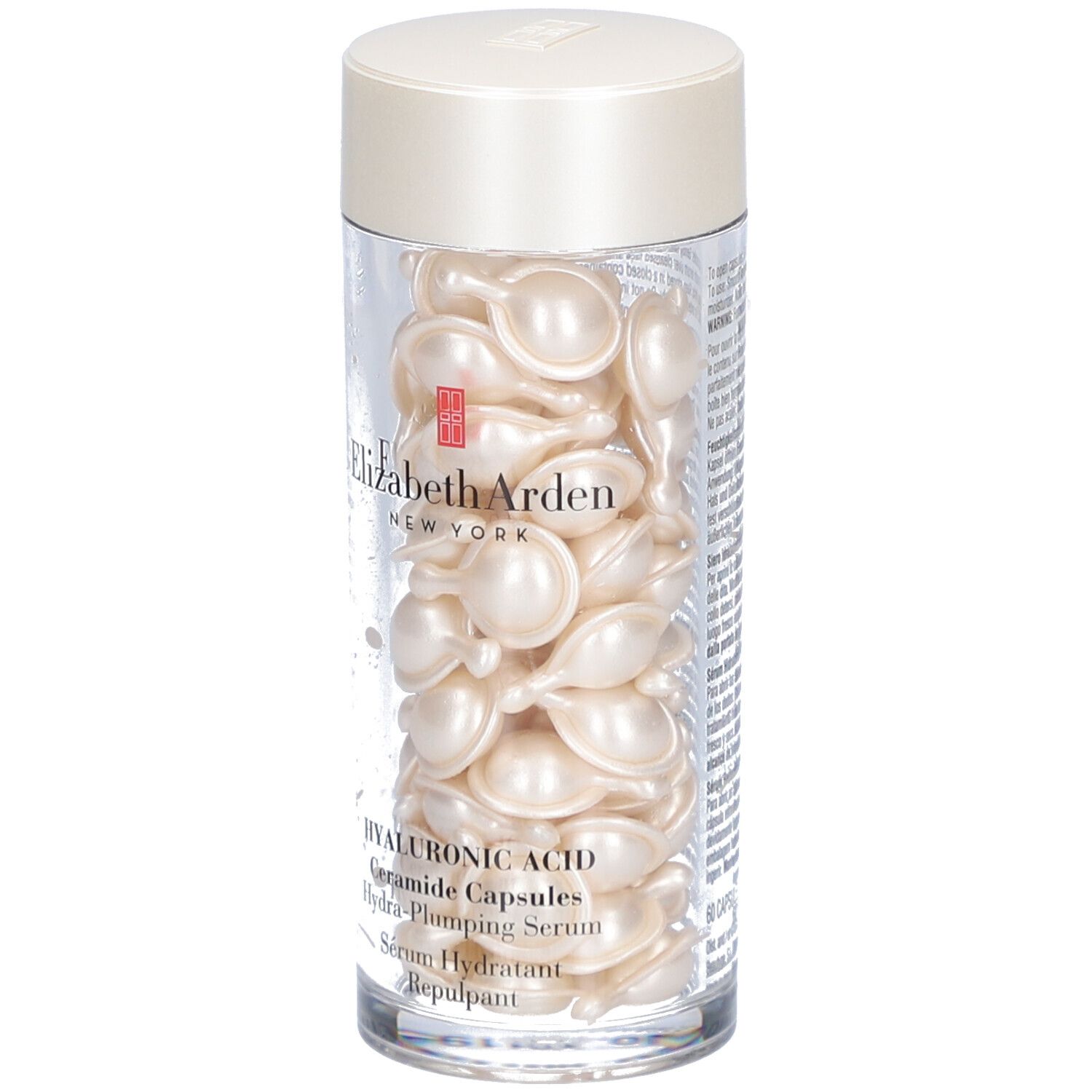 Transparenter Behälter mit Kapseln. Aufschrift: Elizabeth Arden, Hyaluronsäure Ceramide Capsules.