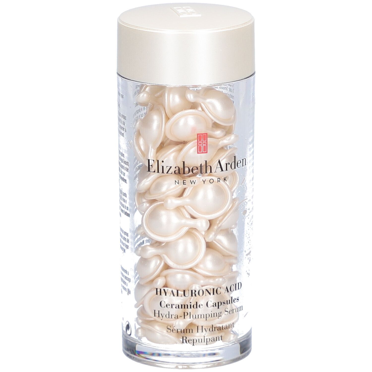 Transparenter Behälter mit Kapseln. Aufschrift: Elizabeth Arden, Hyaluronsäure Ceramide Capsules.