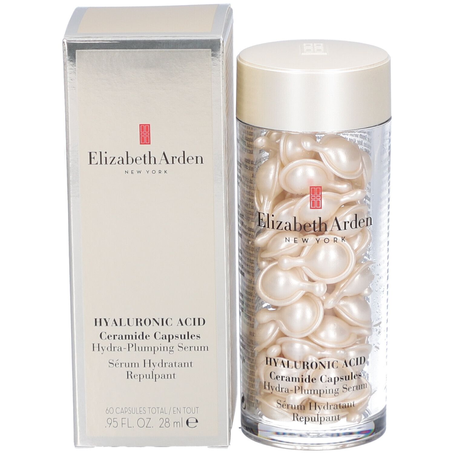Produktverpackung und Behälter mit Kapseln. Aufschrift: Elizabeth Arden, Hyaluronsäure Ceramide Capsules.