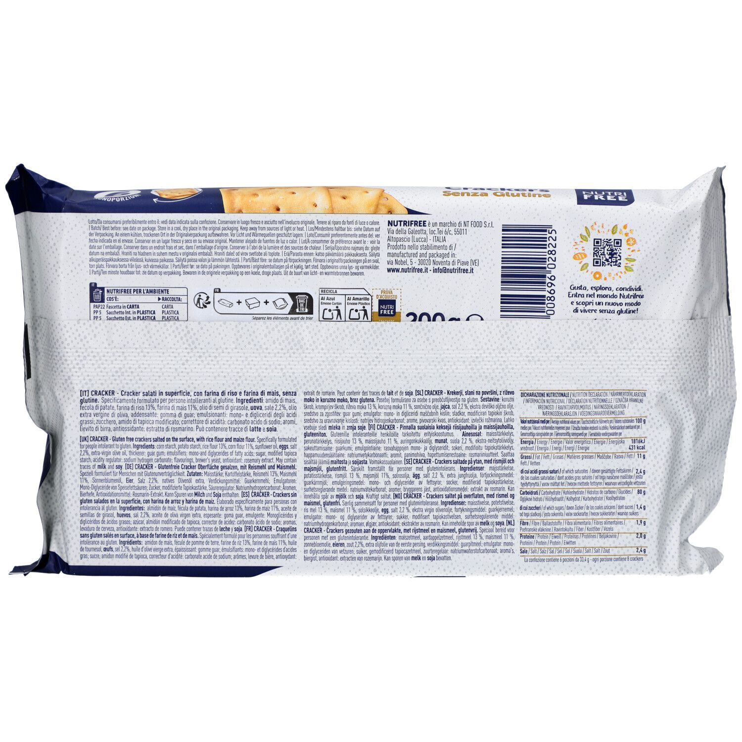 Rückseite der Cracker-Verpackung. Marke NUTRIFREE. Text mit Nährwertangaben und Zutaten. Glutenfrei-Logo.