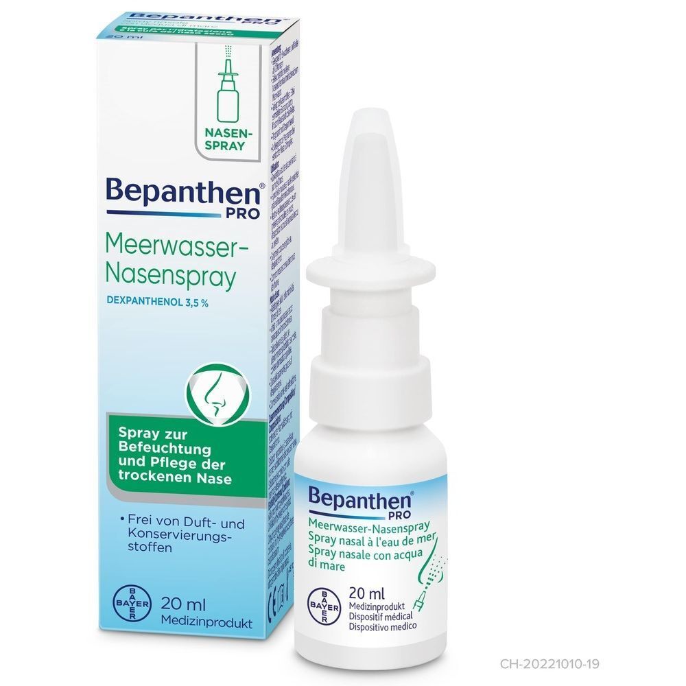 Flacon et emballage de spray nasal. Inscription: Bepanthen PRO Meerwasser-Nasenspray. 20 ml.