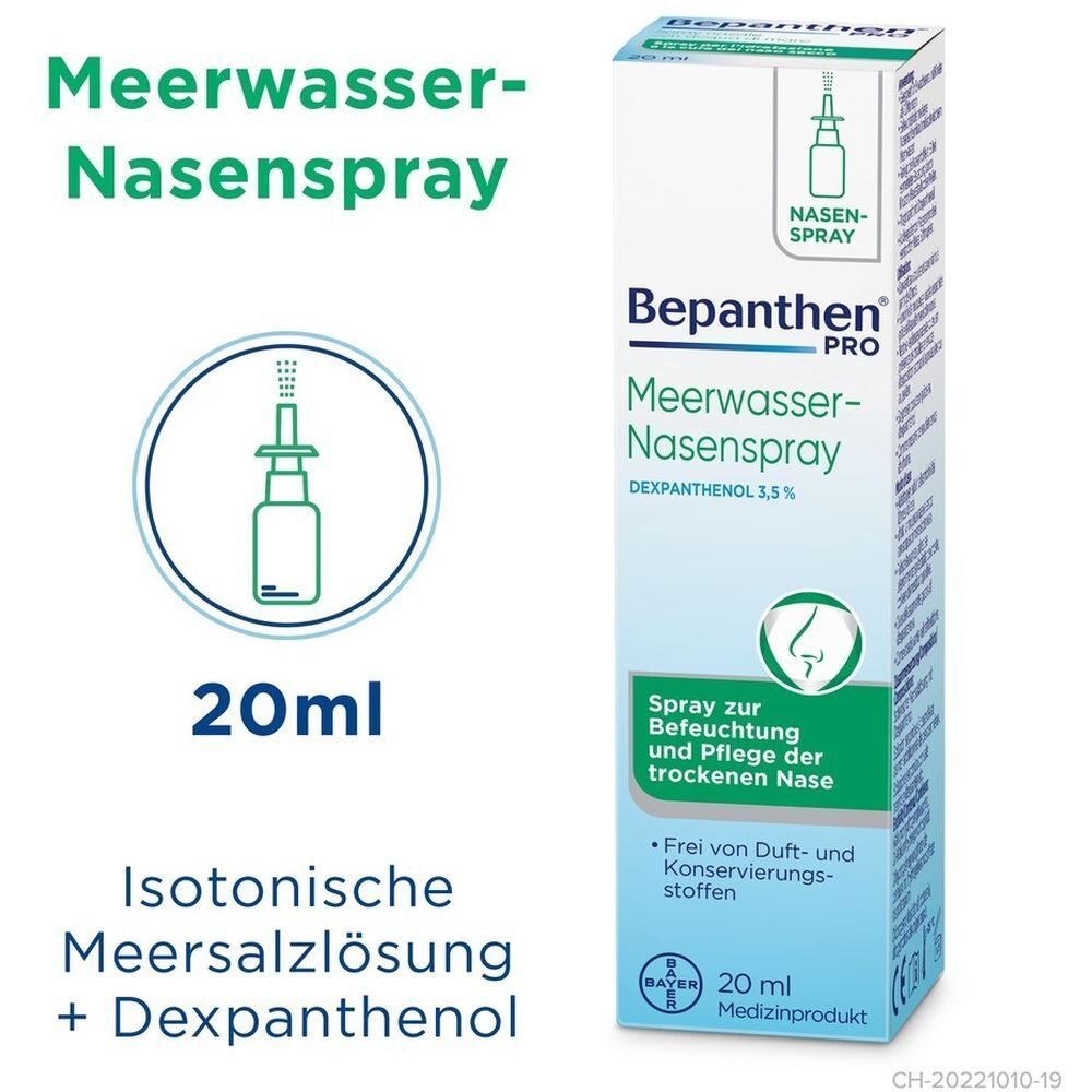 Représentation graphique de Bepanthen PRO Meerwasser-Nasenspray. Flacon de 20 ml et ingrédients.