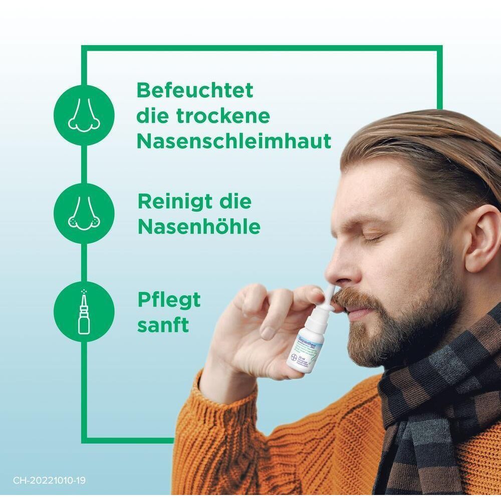 Un homme utilise un spray nasal. Texte : hydrate, nettoie, soigne. Produit : Bepanthen PRO.