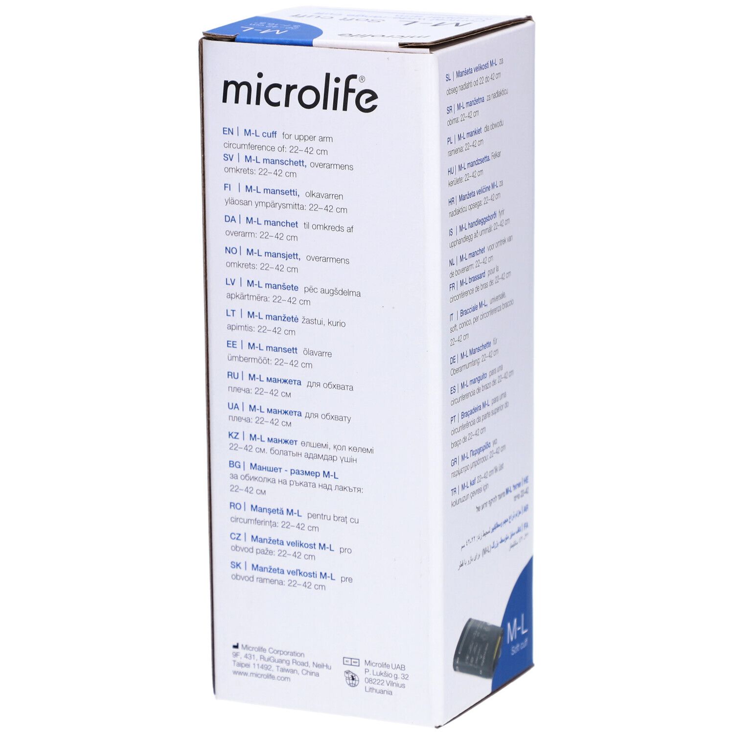 Boîte avec informations produit multilingues. Brassard M-L pour le haut du bras. Pour circonférence de bras 22-42 cm.