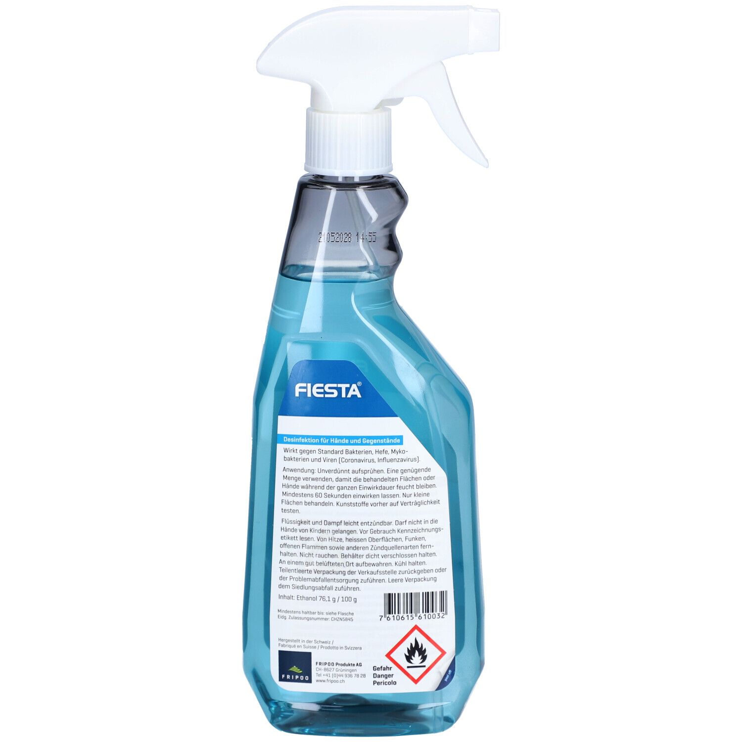 Rückseite der blauen Sprühflasche mit weißem Sprühkopf. Aufschrift: FIESTA Desinfektion für Hände und Gegenstände. Text und Barcode.