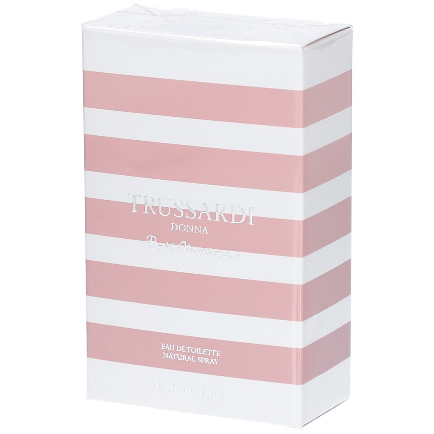 Weiße Schachtel mit rosa Streifen. Aufschrift: Trussardi Donna Eau de Toilette Natural Spray.