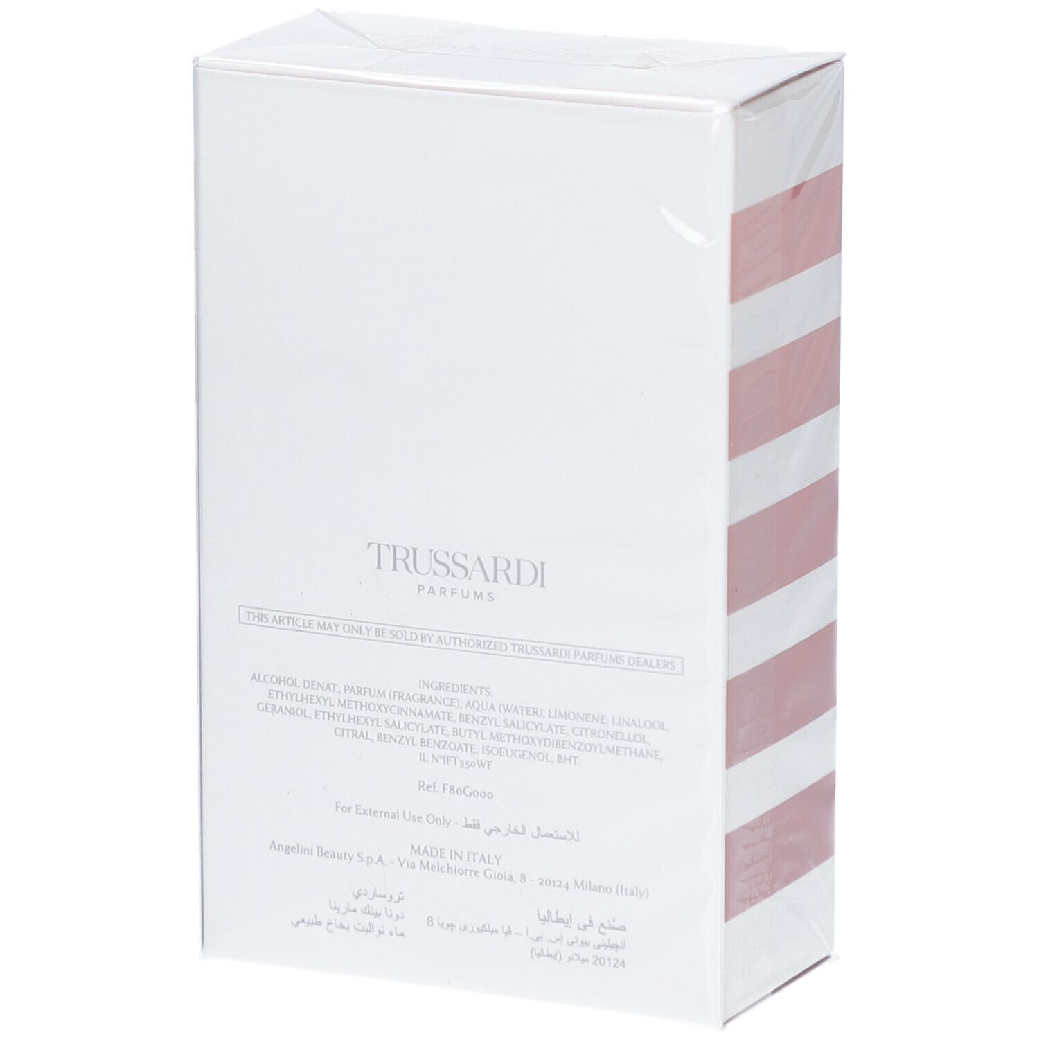 Rückseite der weißen Schachtel mit rosa Streifen. Aufschrift: Trussardi Parfums, Inhaltsstoffe, Made in Italy.