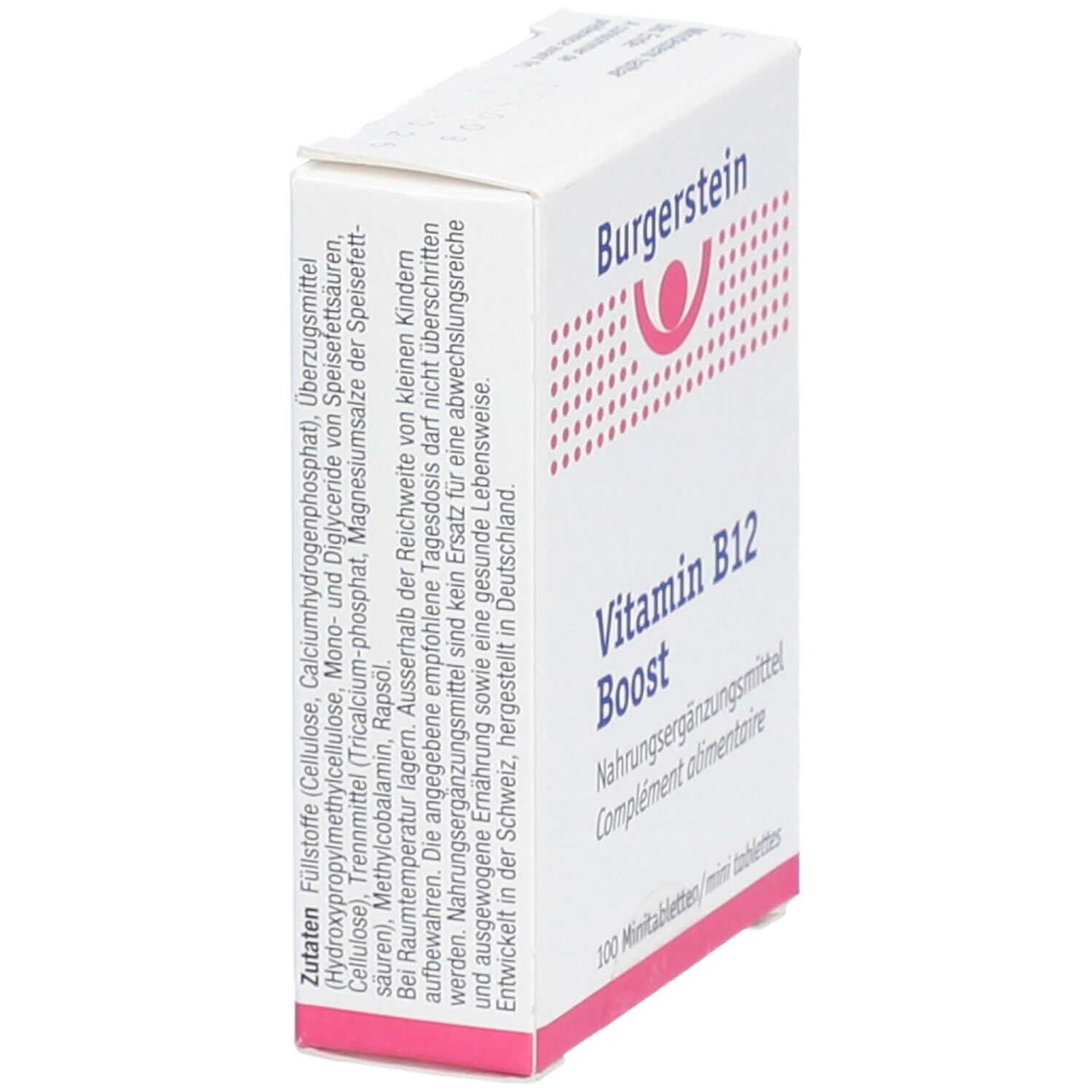 Weiße Schachtel mit "Burgerstein" und "Vitamin B12 Boost" Aufdruck. Enthält 100 Mini-Tabletten. Seitenansicht.