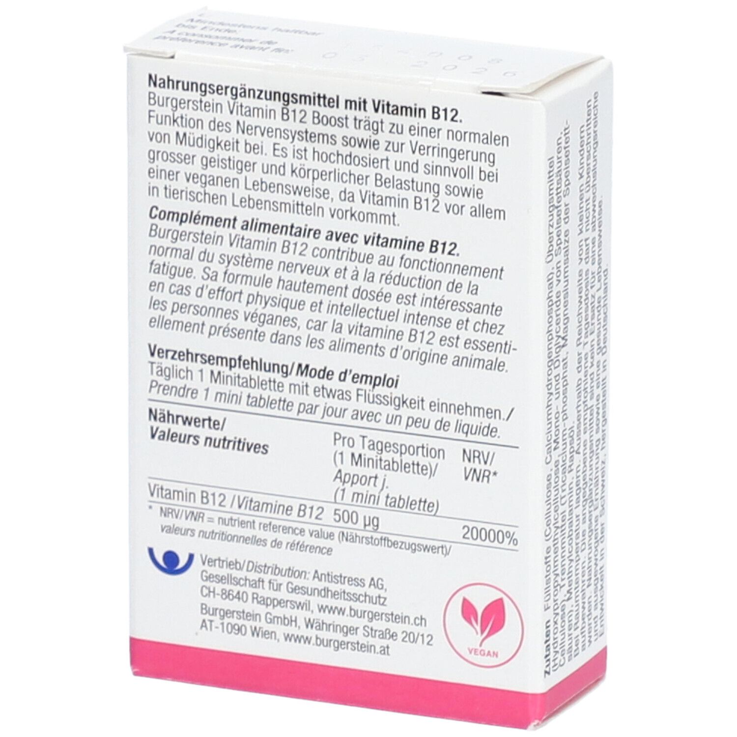 Weiße Schachtel mit "Burgerstein" und "Vitamin B12 Boost". Text über Vitamin B12. Vegan-Logo. Rückseite.