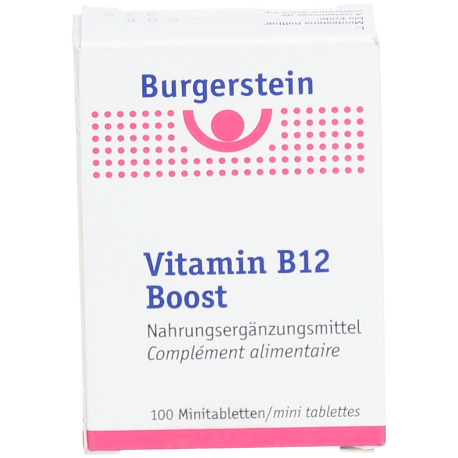 Weiße Schachtel mit "Burgerstein" und "Vitamin B12 Boost" Aufdruck. Enthält 100 Mini-Tabletten. Rosa Punkte und Logo.