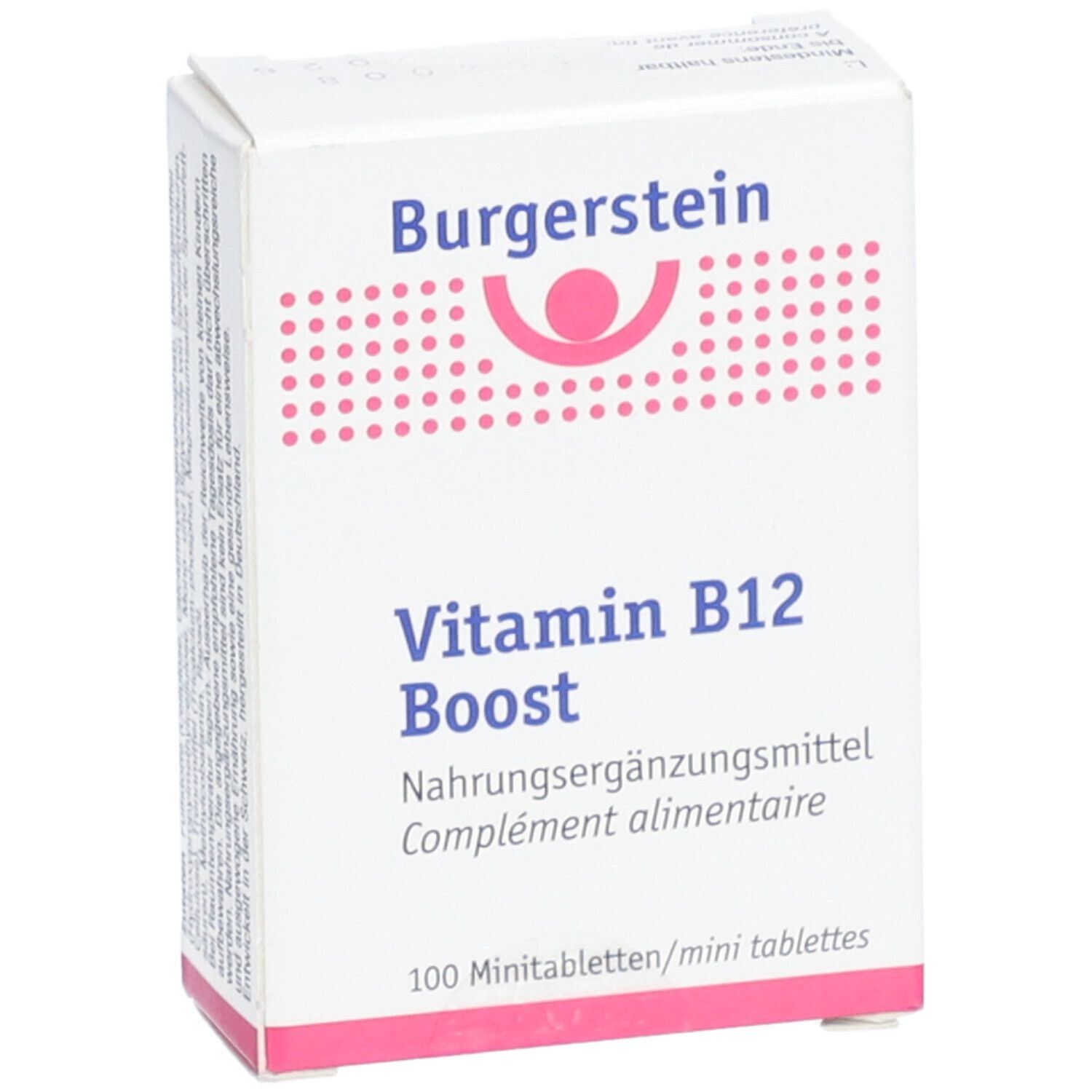 Weiße Schachtel mit "Burgerstein" und "Vitamin B12 Boost" Aufdruck. Enthält 100 Mini-Tabletten. Rosa Punkte und Logo.