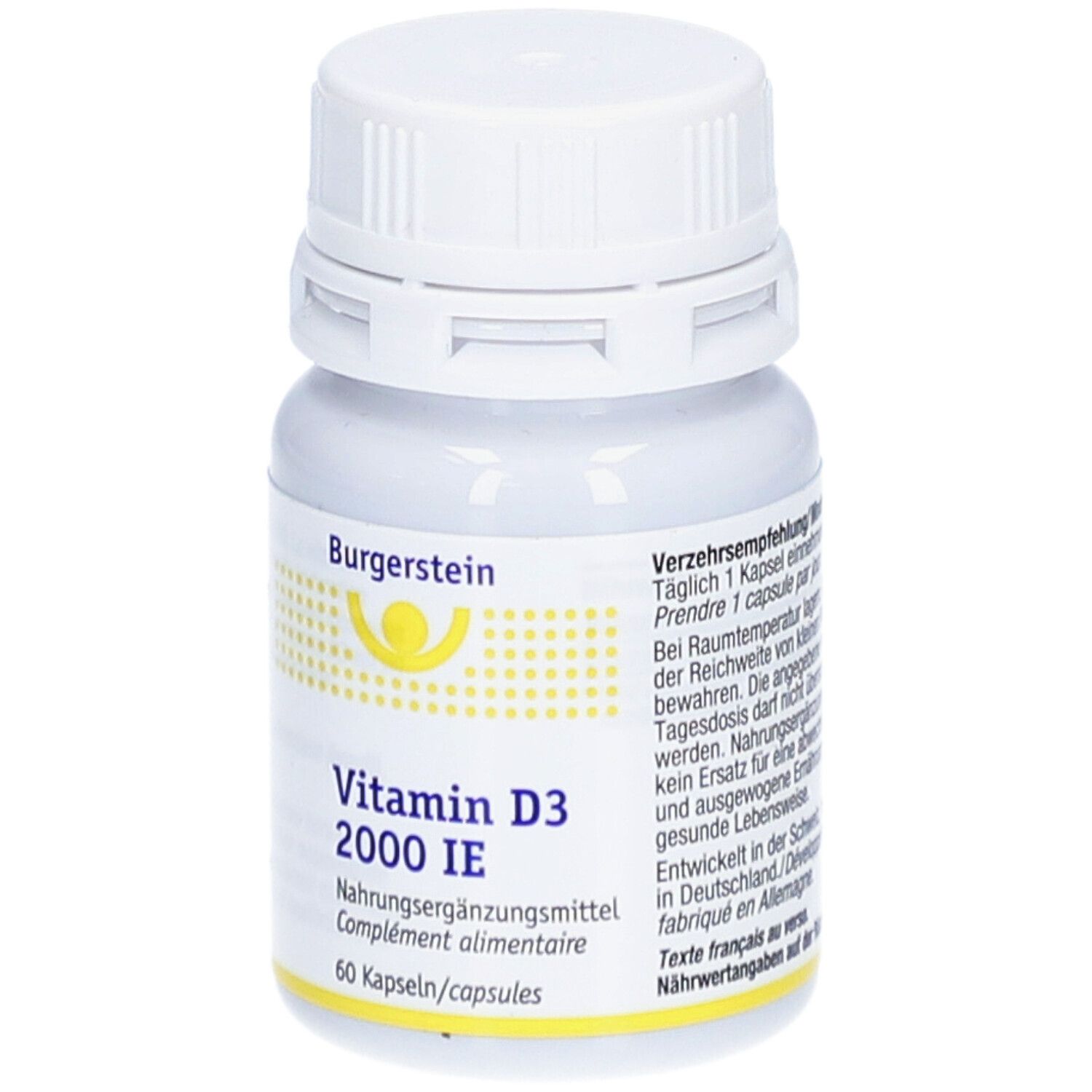 Weiße Flasche mit Schraubverschluss. Aufschrift: Burgerstein Vitamin D3 2000 IE. 60 Kapseln. Nahrungsergänzungsmittel.