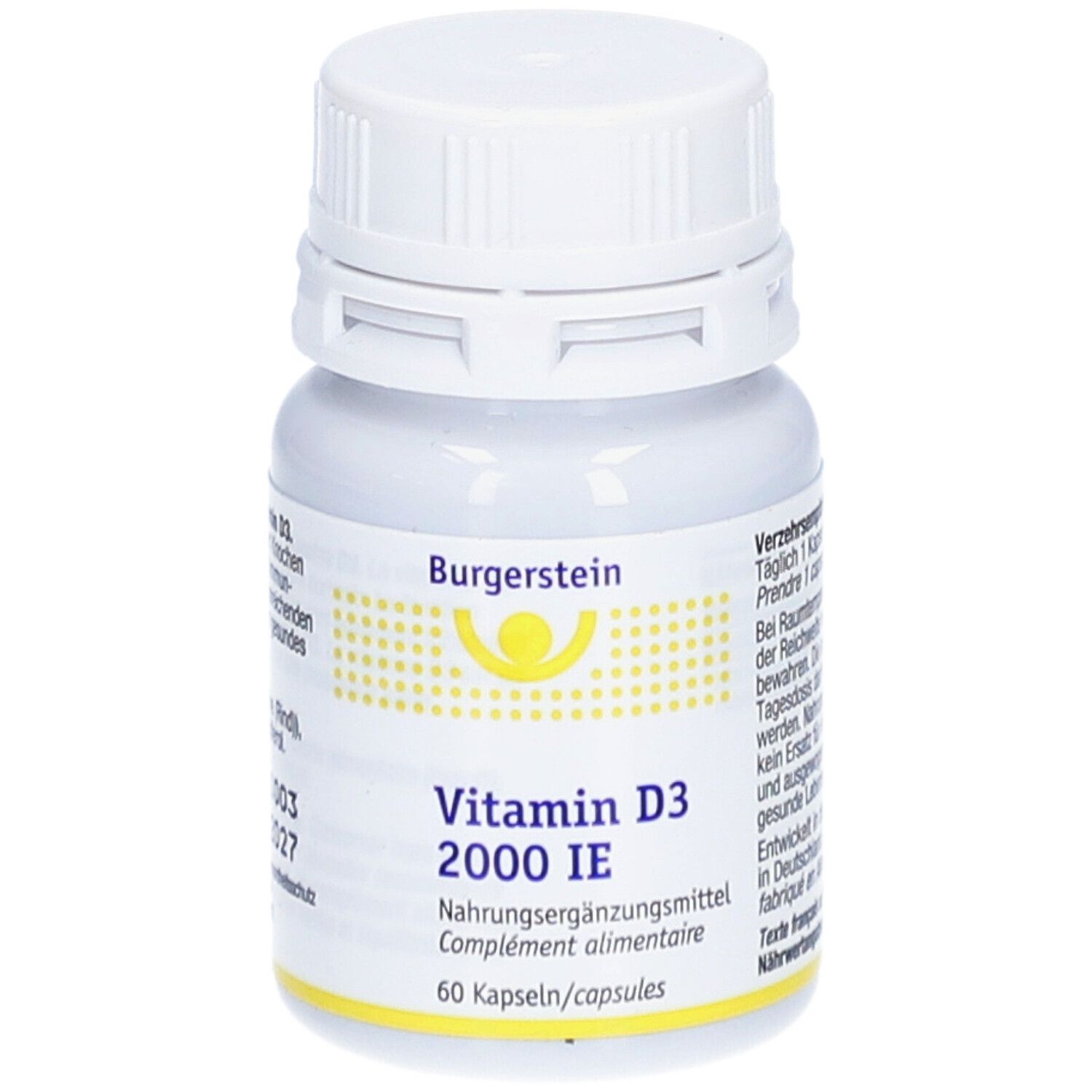 Weiße Flasche mit Schraubverschluss. Aufschrift: Burgerstein Vitamin D3 2000 IE. 60 Kapseln. Gelbes Logo.