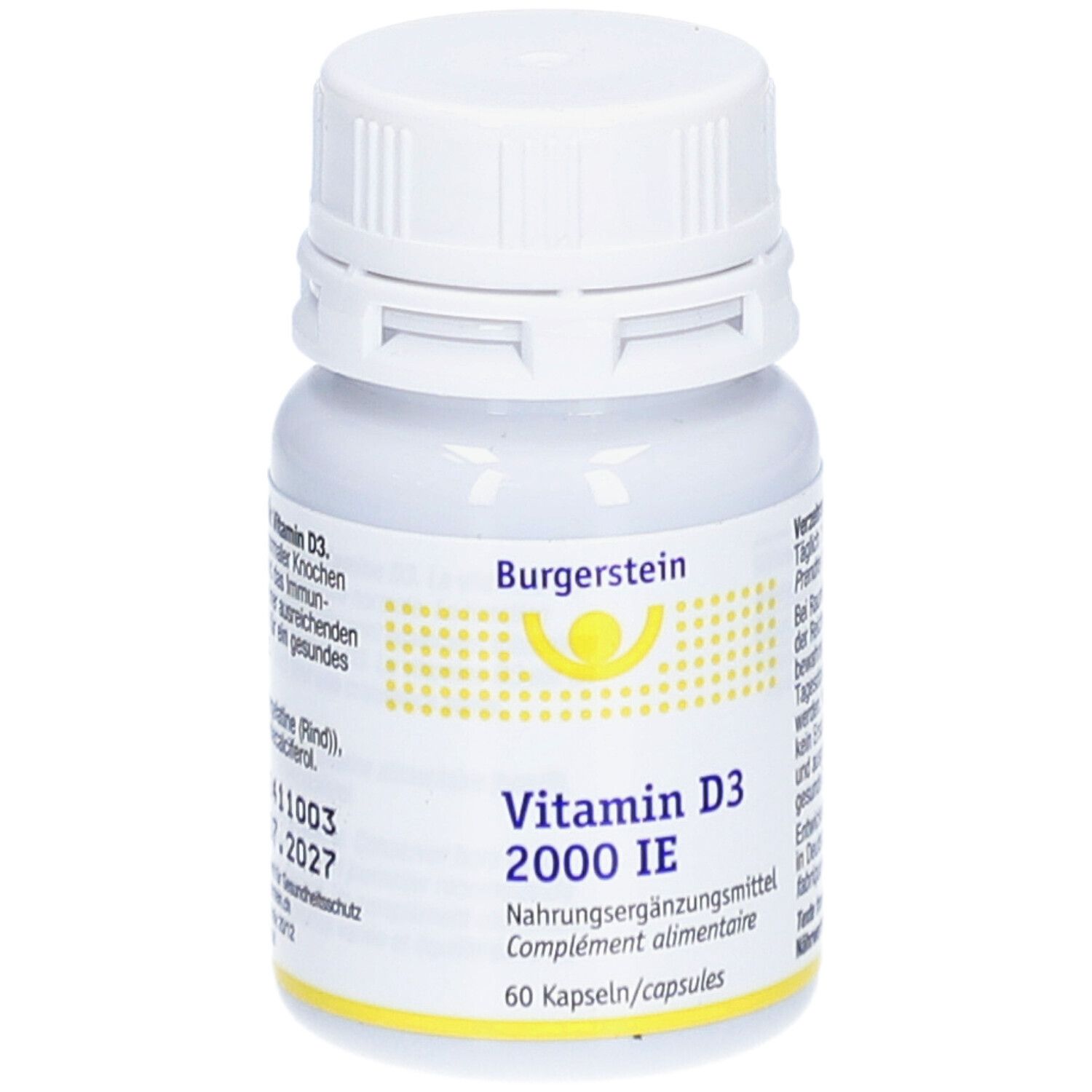 Weiße Flasche mit Schraubverschluss. Aufschrift: Burgerstein Vitamin D3 2000 IE. 60 Kapseln. Gelbes Logo.