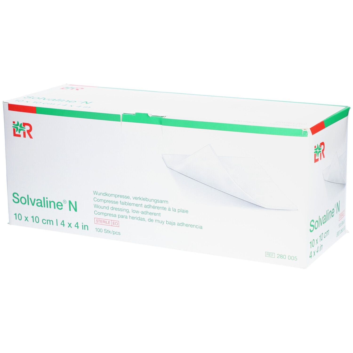 Verpackung von Solvaline N Wundkompressen. Aufschrift: 10 x 10 cm, 4 x 4 in. Grün-weiße Schachtel mit Produktabbildung.