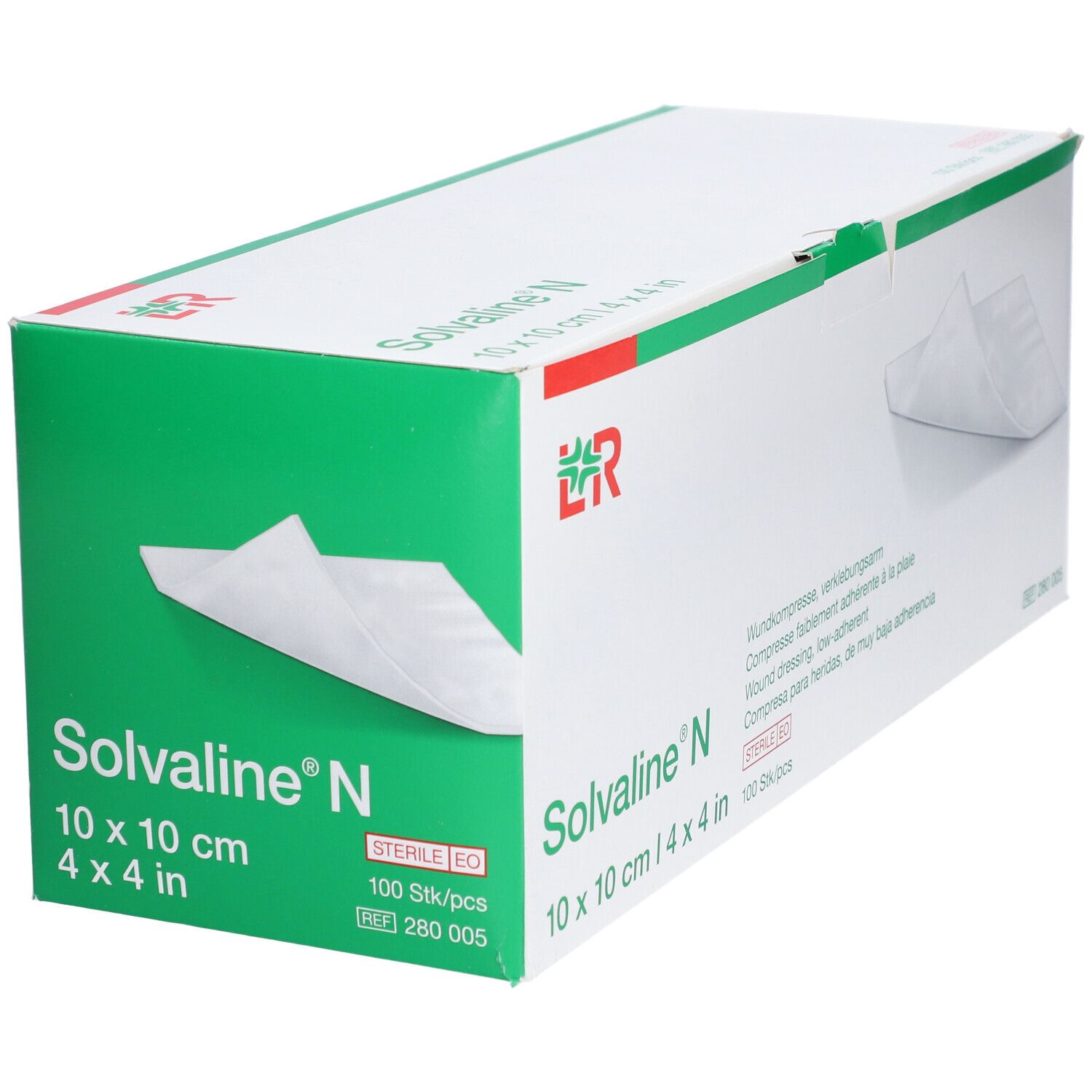 Verpackung von Solvaline N Wundkompressen. Aufschrift: 10 x 10 cm, 4 x 4 in. Grün-weiße Schachtel mit Produktabbildung.