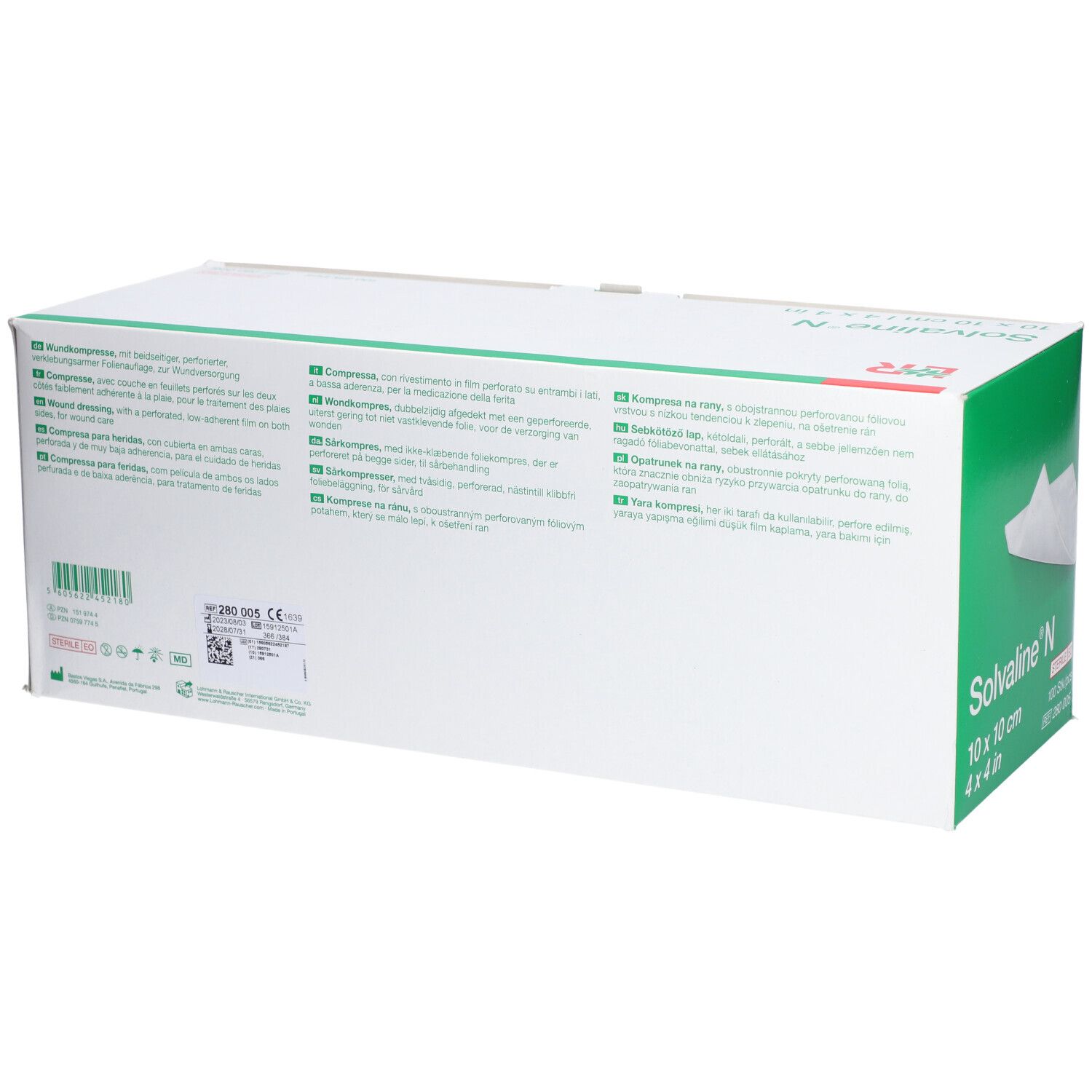 Rückseite der Verpackung von Solvaline N. Mehrsprachige Produktinformationen und Barcode. Grün-weiße Schachtel.