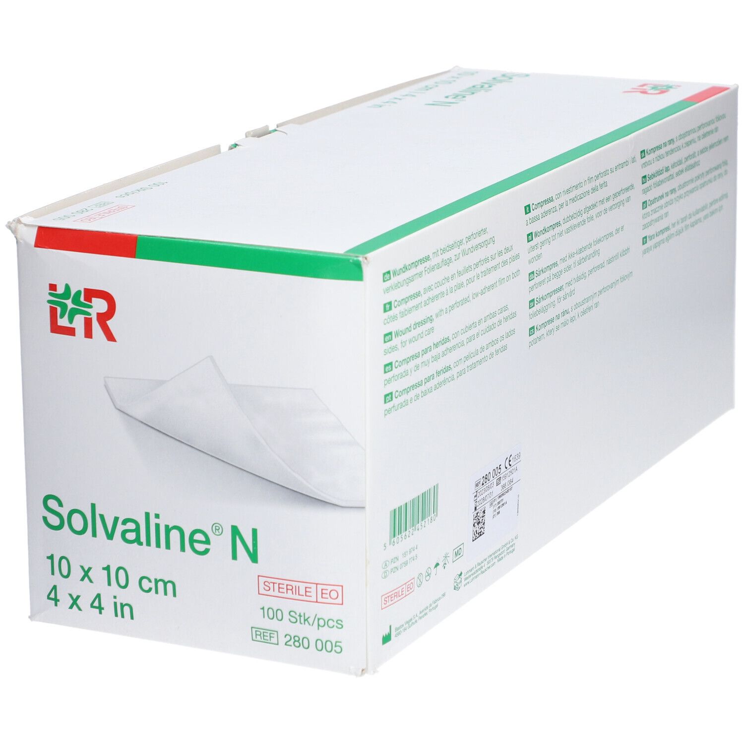 Verpackung von Solvaline N Wundkompressen. Aufschrift: 10 x 10 cm, 4 x 4 in. Grün-weiße Schachtel mit Produktabbildung.