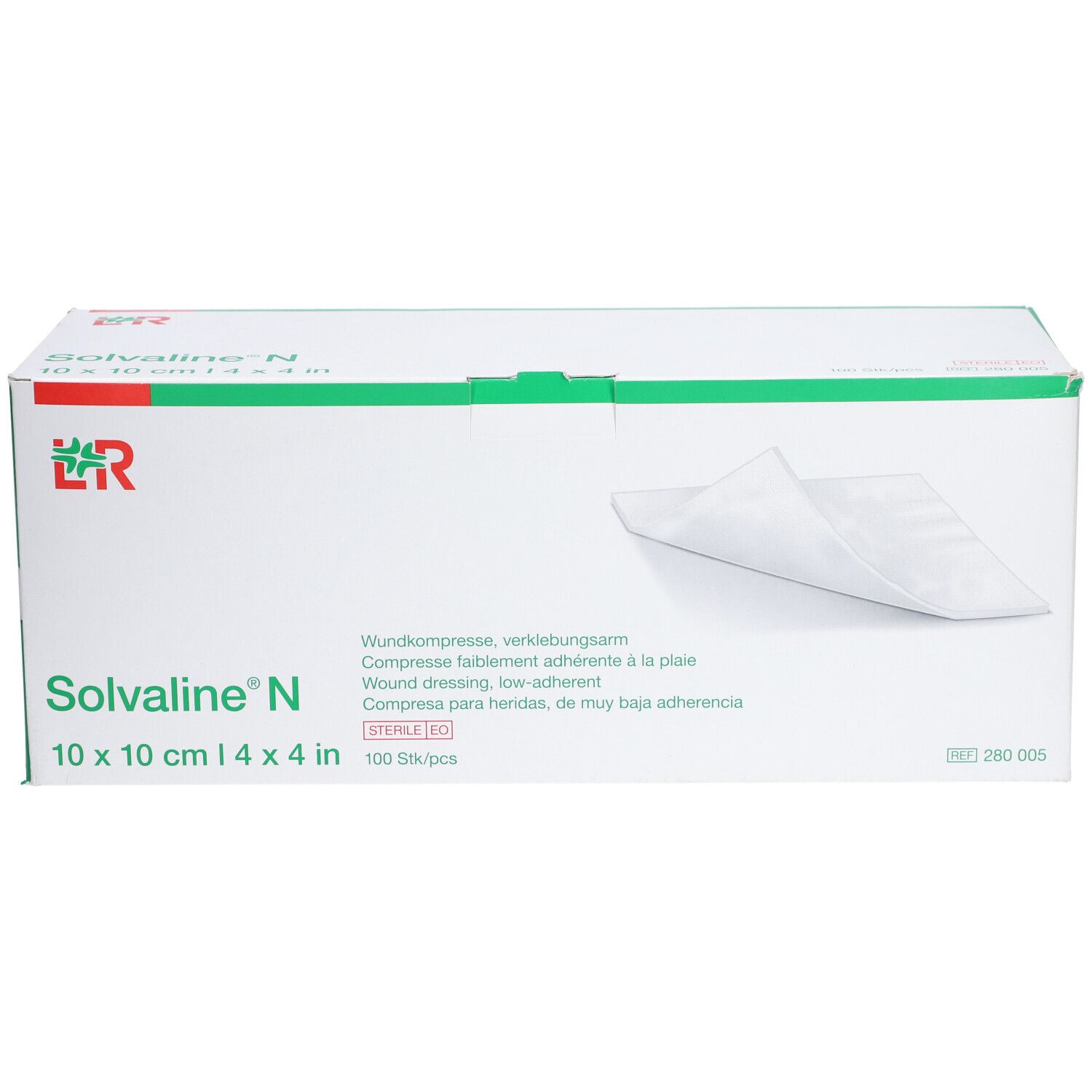 Verpackung von Solvaline N Wundkompressen. Aufschrift: 10 x 10 cm, 4 x 4 in. Grün-weiße Schachtel mit Produktabbildung.