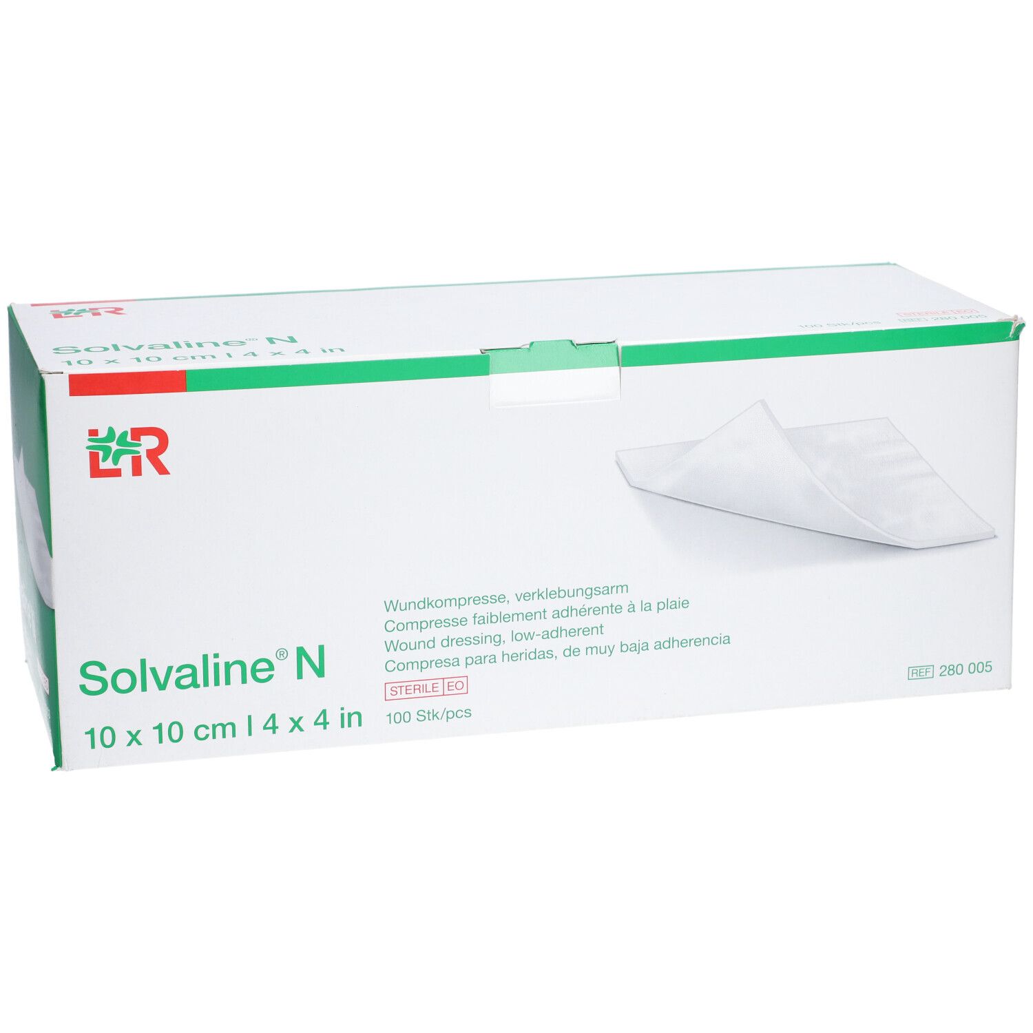 Verpackung von Solvaline N Wundkompressen. Aufschrift: 10 x 10 cm, 4 x 4 in. Grün-weiße Schachtel mit Produktabbildung.