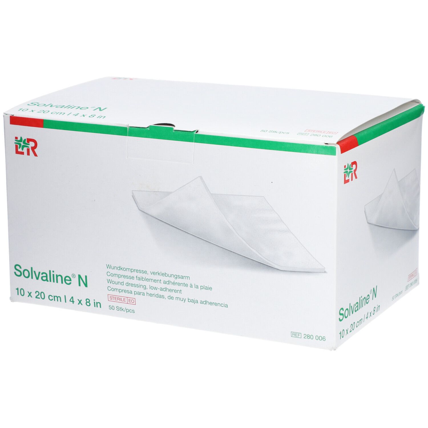 Verpackung von Solvaline® N Wundkompressen. Größe 10x20 cm. L&R Logo. 30 Stück.