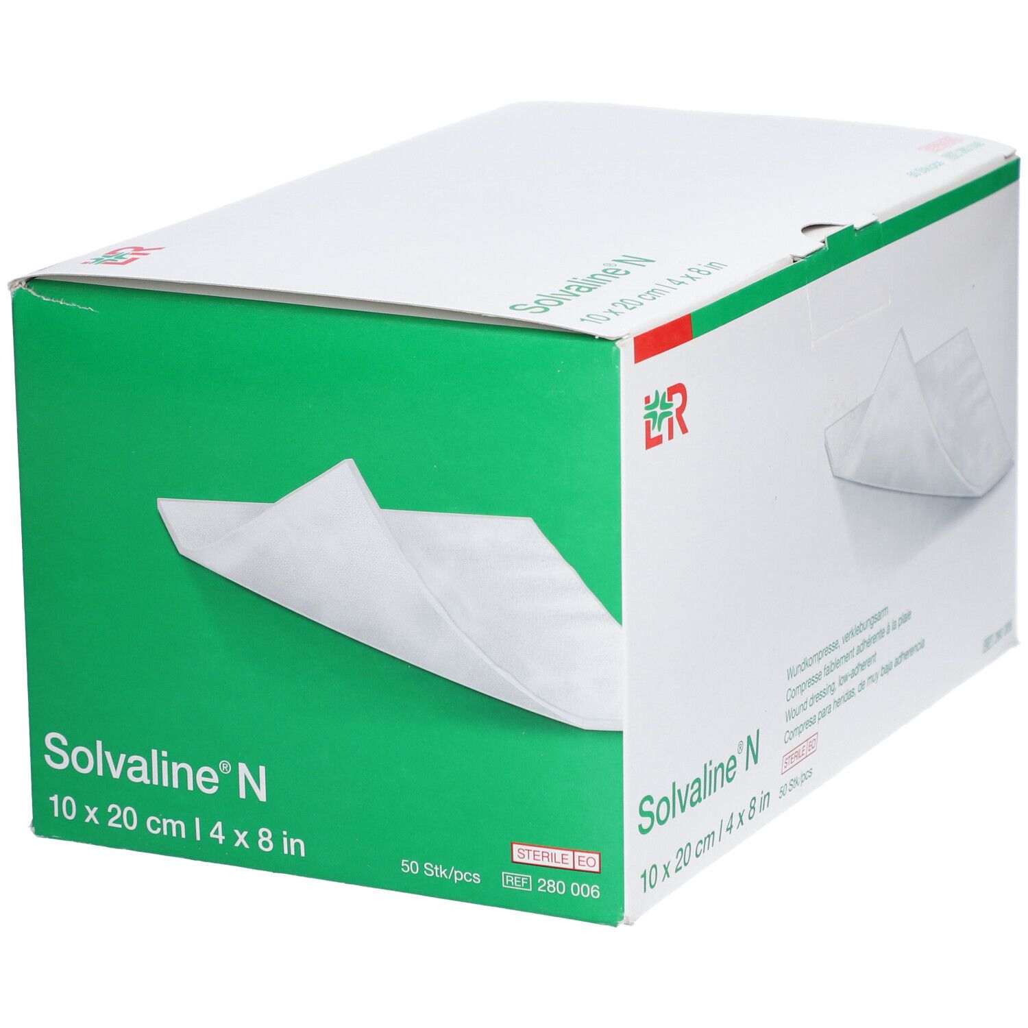 Verpackung von Solvaline® N Wundkompressen. Größe 10x20 cm. L&R Logo. 50 Stück.