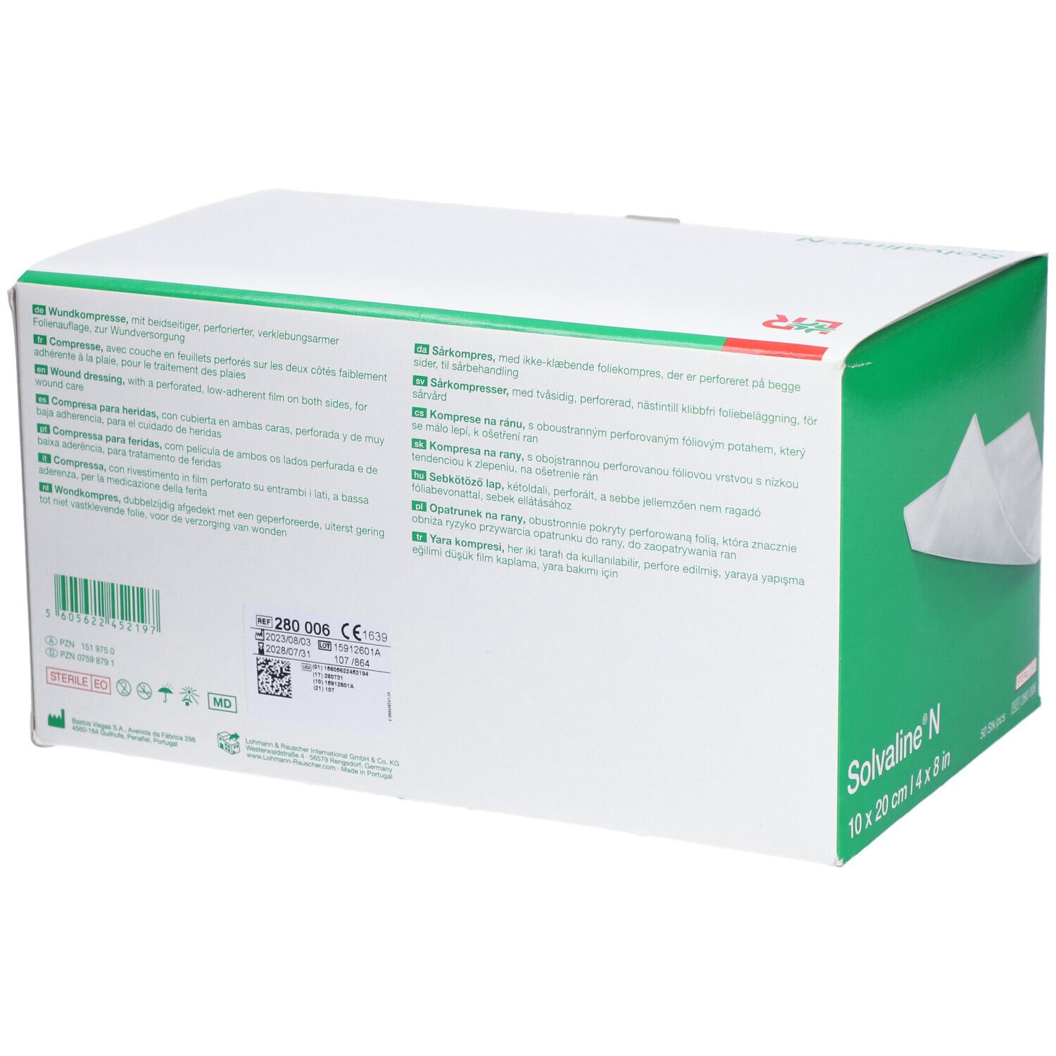 Rückseite der Solvaline® N Verpackung. Text in mehreren Sprachen. Größe 10x20 cm. L&R Logo.