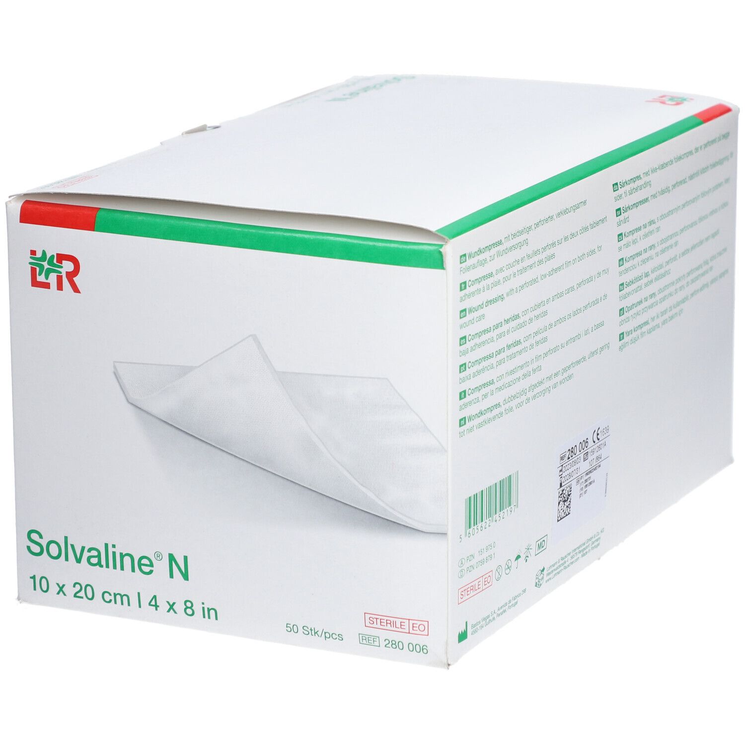 Verpackung von Solvaline® N Wundkompressen. Größe 10x20 cm. L&R Logo. 50 Stück.