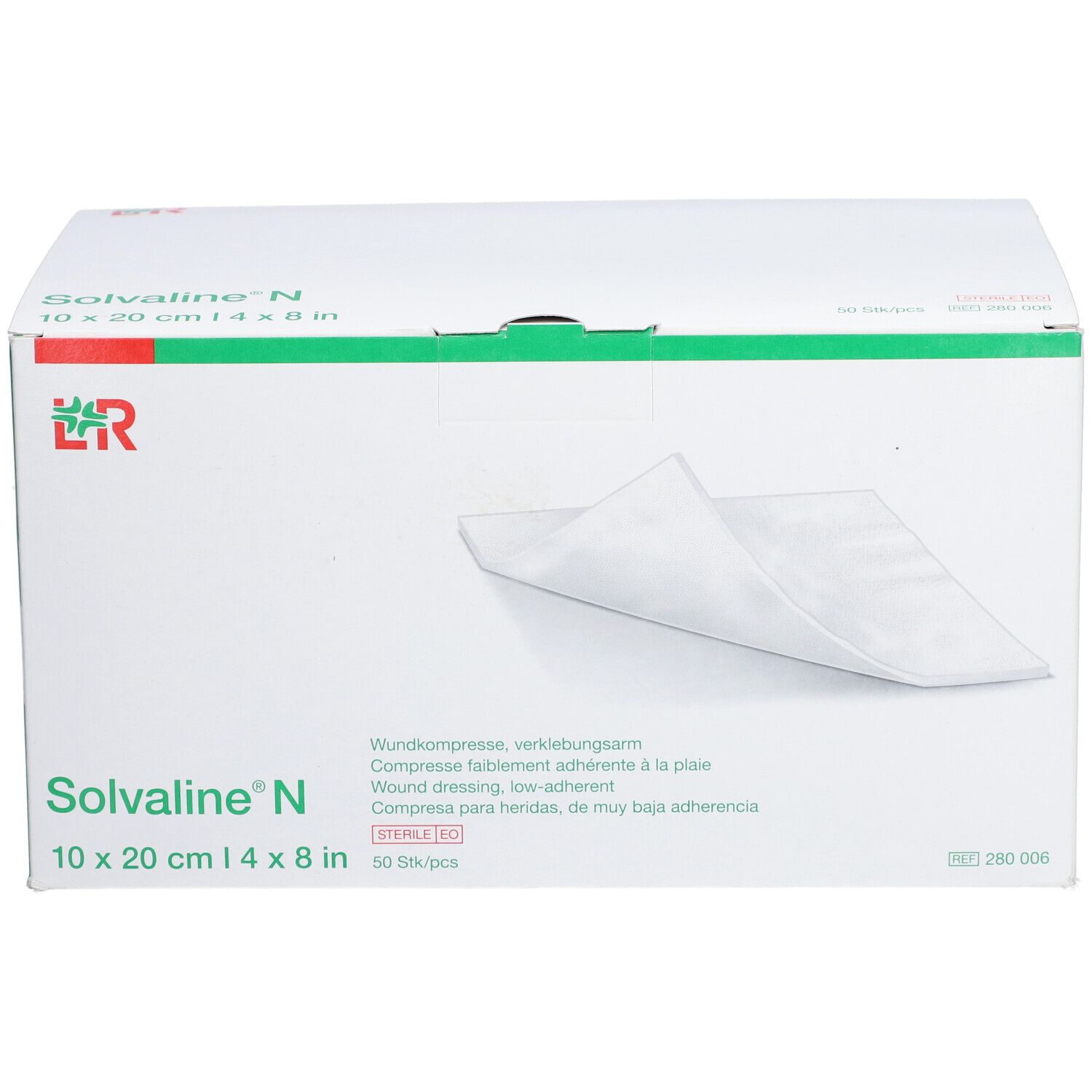Verpackung von Solvaline® N Wundkompressen. Größe 10x20 cm. L&R Logo. 50 Stück.