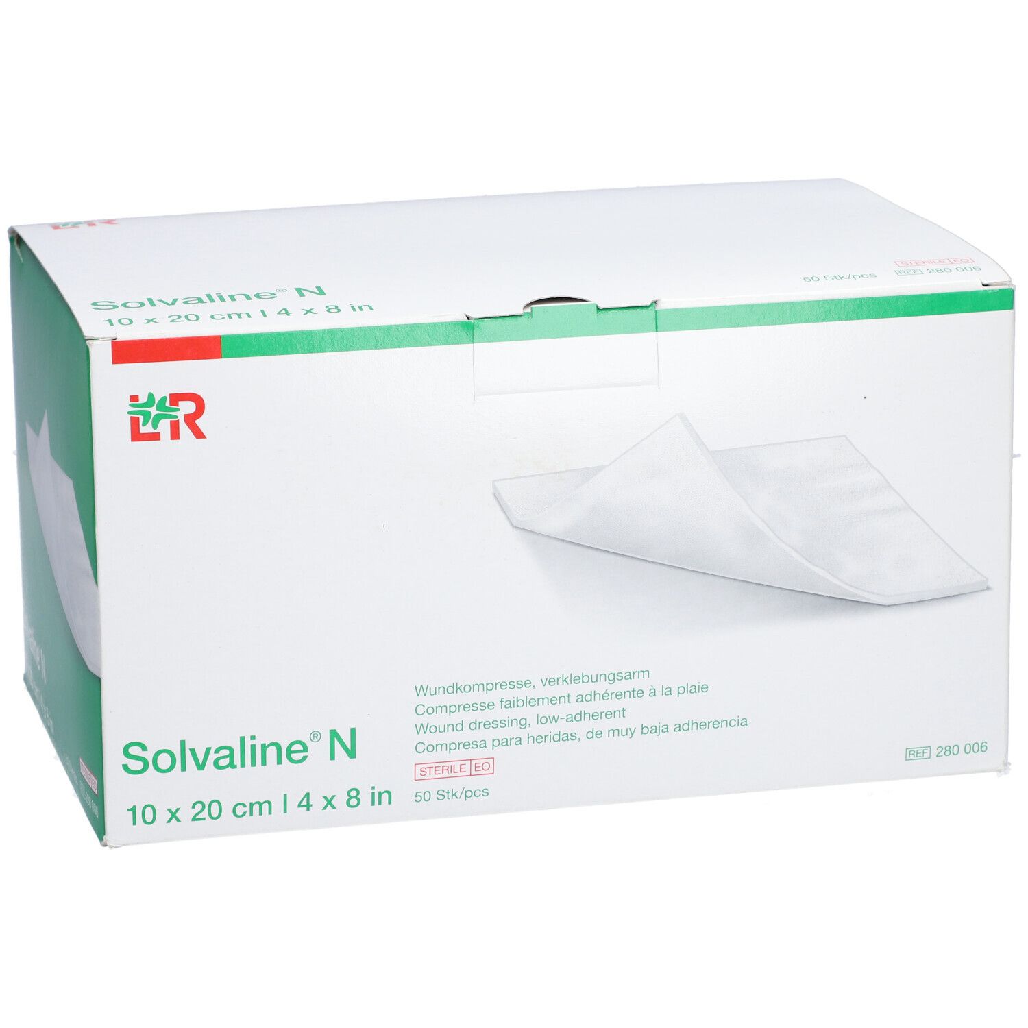 Verpackung von Solvaline® N Wundkompressen. Größe 10x20 cm. L&R Logo. 50 Stück.
