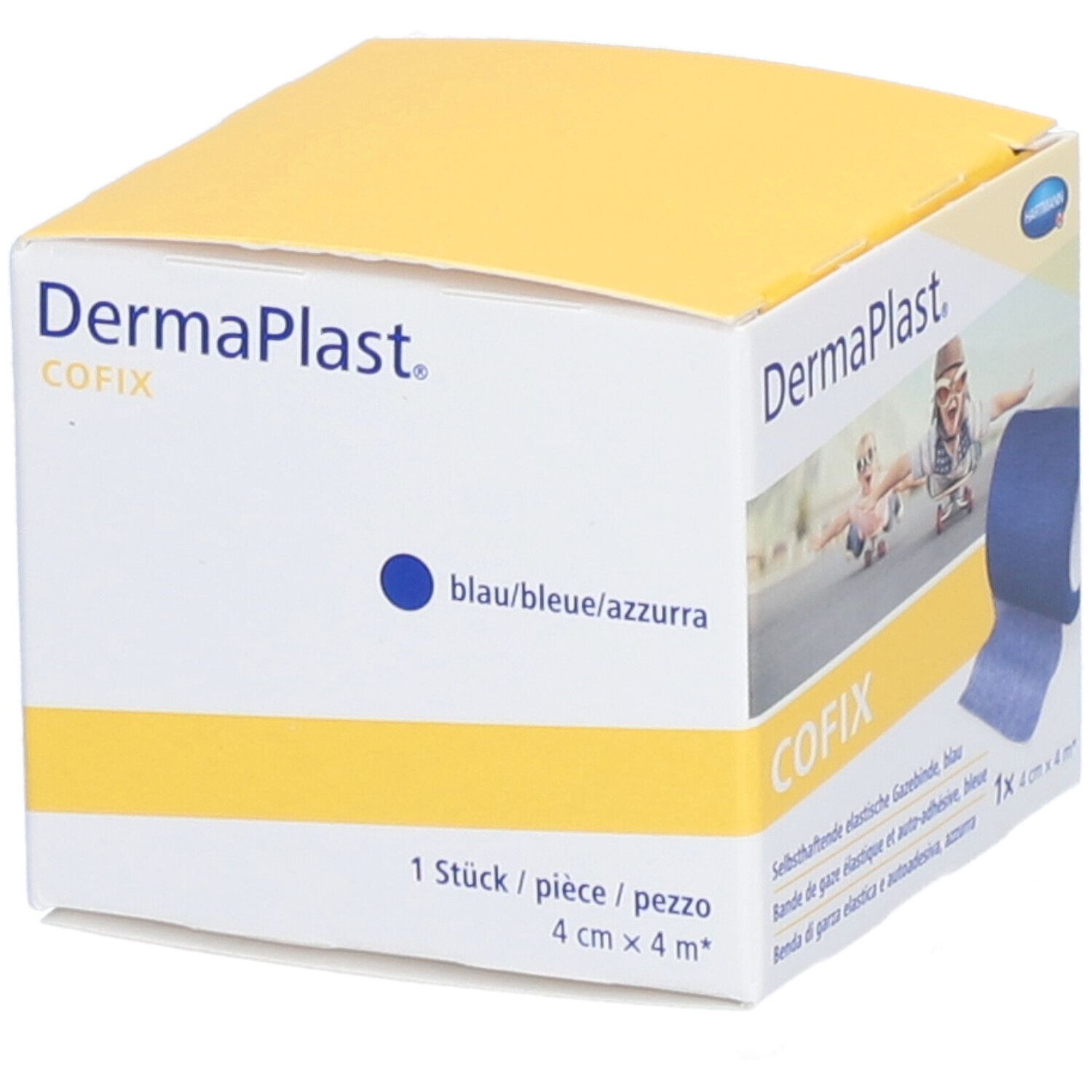 Dermaplast CoFix, blaue elastische Gazebinde. Verpackung mit Größenangabe: 4 cm x 4 m. 1 Stück.