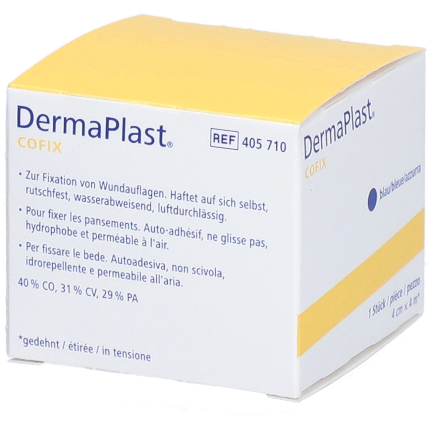 Dermaplast CoFix, blaue elastische Gazebinde. Verpackung mit Produktinformationen und Größenangabe: 4 cm x 4 m.