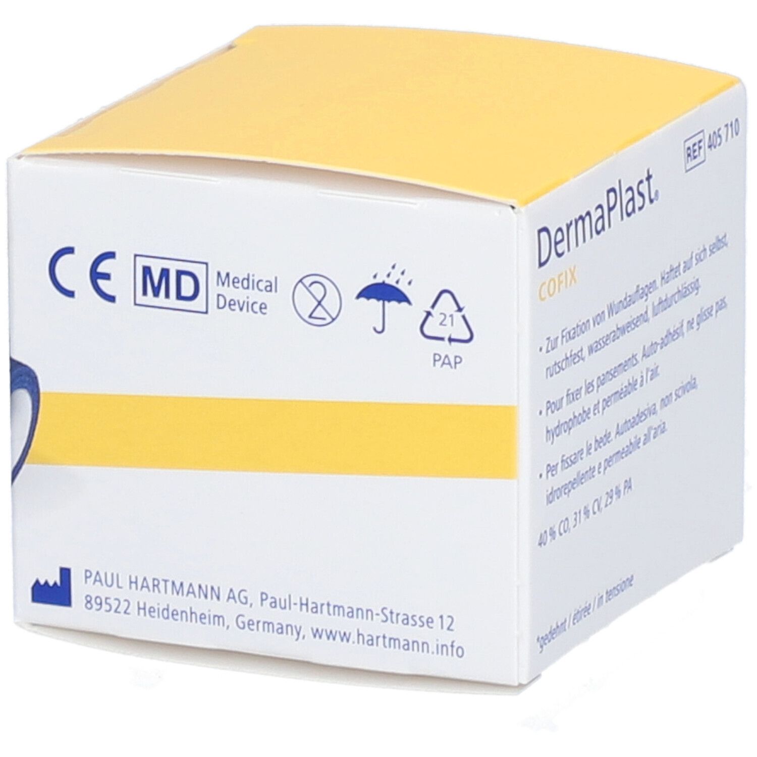Verpackung von Dermaplast CoFix, blaue elastische Gazebinde. Mit CE-Kennzeichnung und medizinischem Symbol.