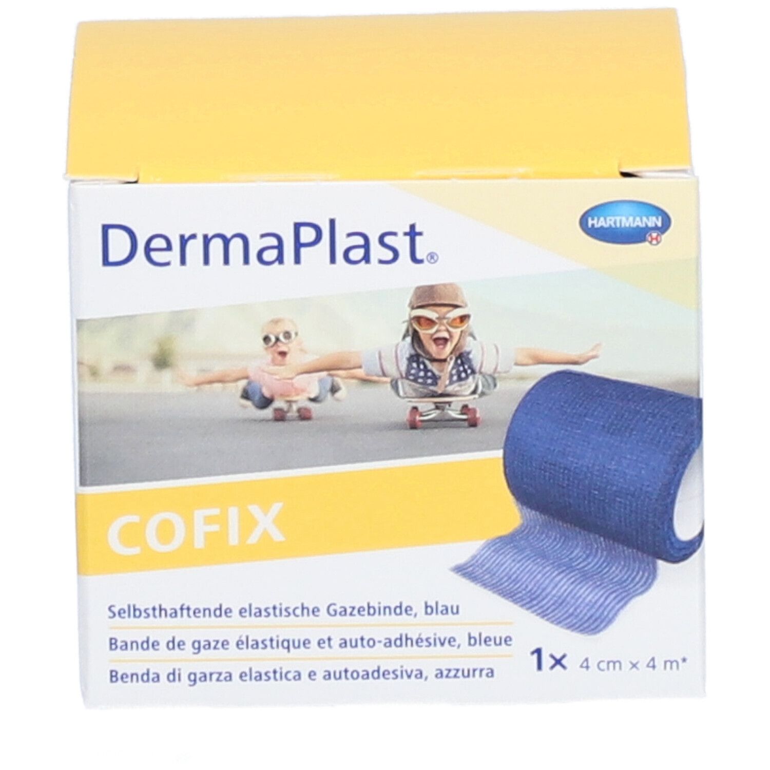 Dermaplast CoFix, blaue elastische Gazebinde. Verpackung mit Produktabbildung und Größenangabe: 4 cm x 4 m.