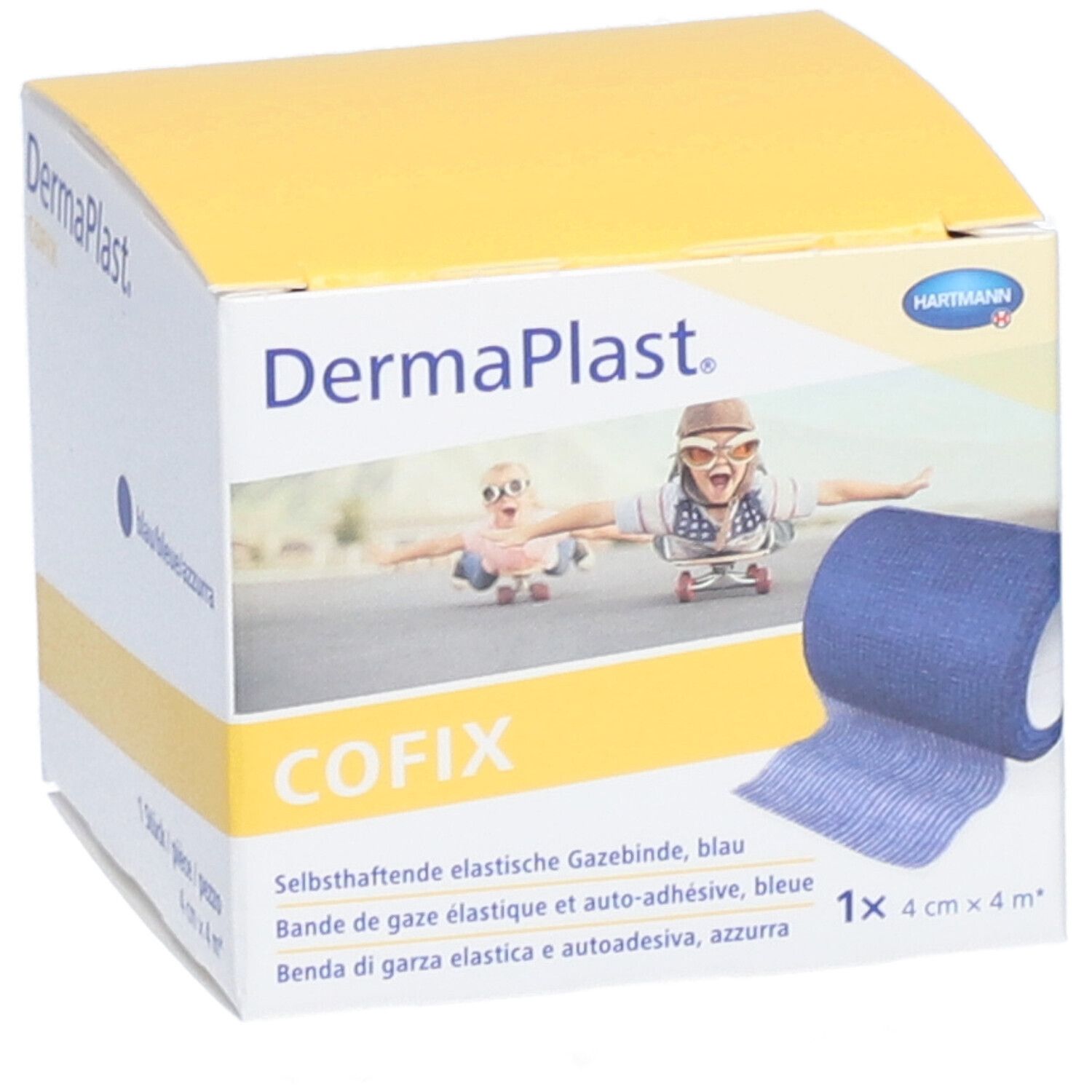 Dermaplast CoFix, blaue elastische Gazebinde. Verpackung mit Produktabbildung und Größenangabe: 4 cm x 4 m.