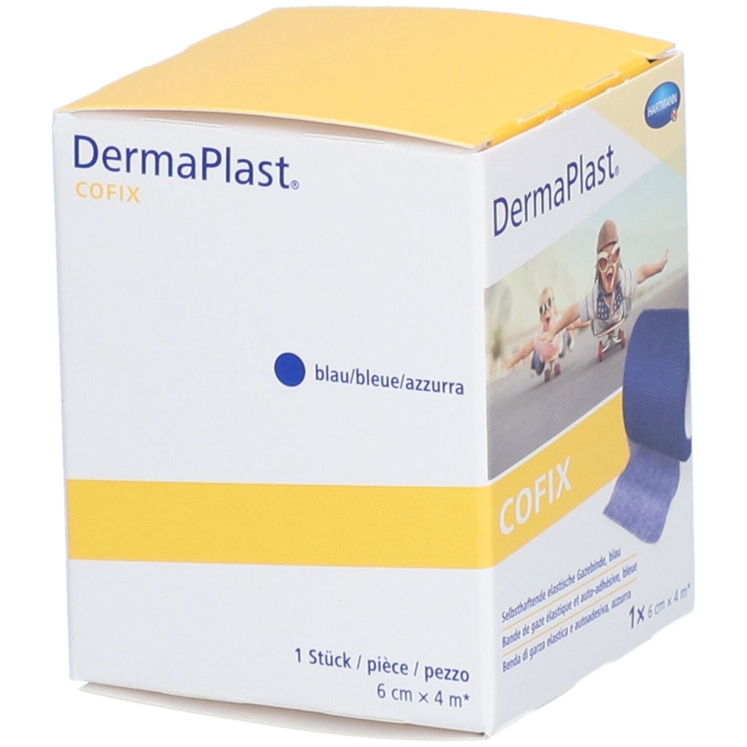 Verpackung von Dermaplast CoFix, blau. Rolle elastische Gazebinde, 6 cm x 4 m. Aufdrucke: CE, MD, Hartmann.