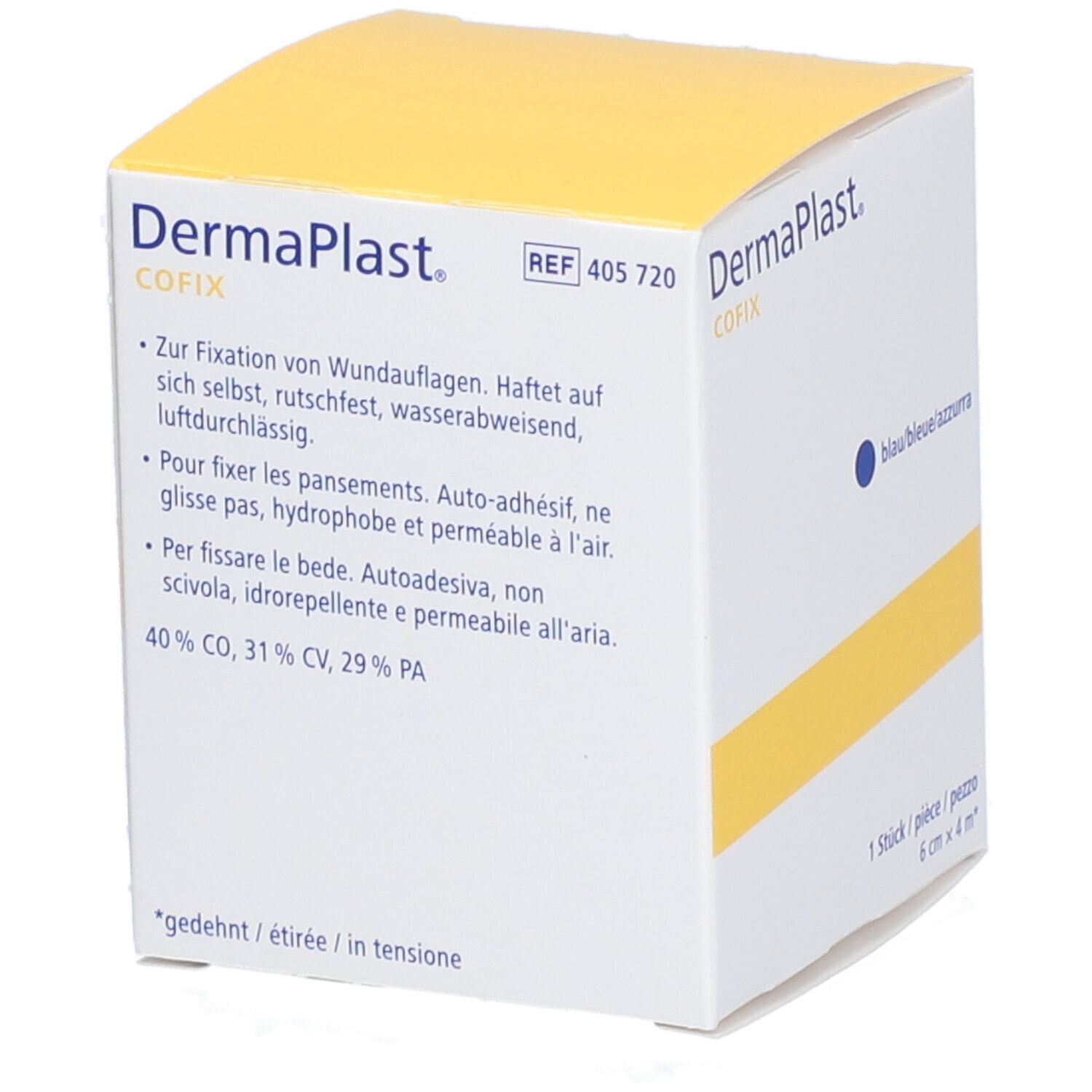 Verpackung von Dermaplast CoFix, blau. Text: Zur Fixation von Wundauflagen. 6 cm x 4 m. Aufdrucke: CE, MD.