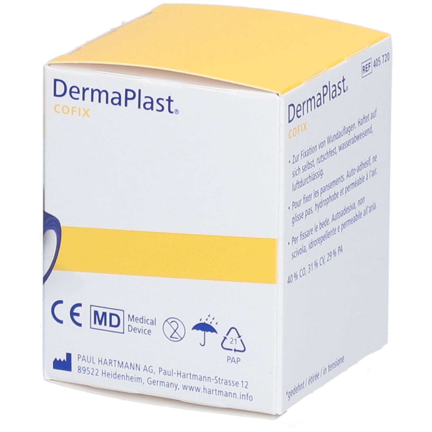 Verpackung von Dermaplast CoFix, blau. Text: Zur Fixation von Wundauflagen. 6 cm x 4 m. Aufdrucke: CE, MD.