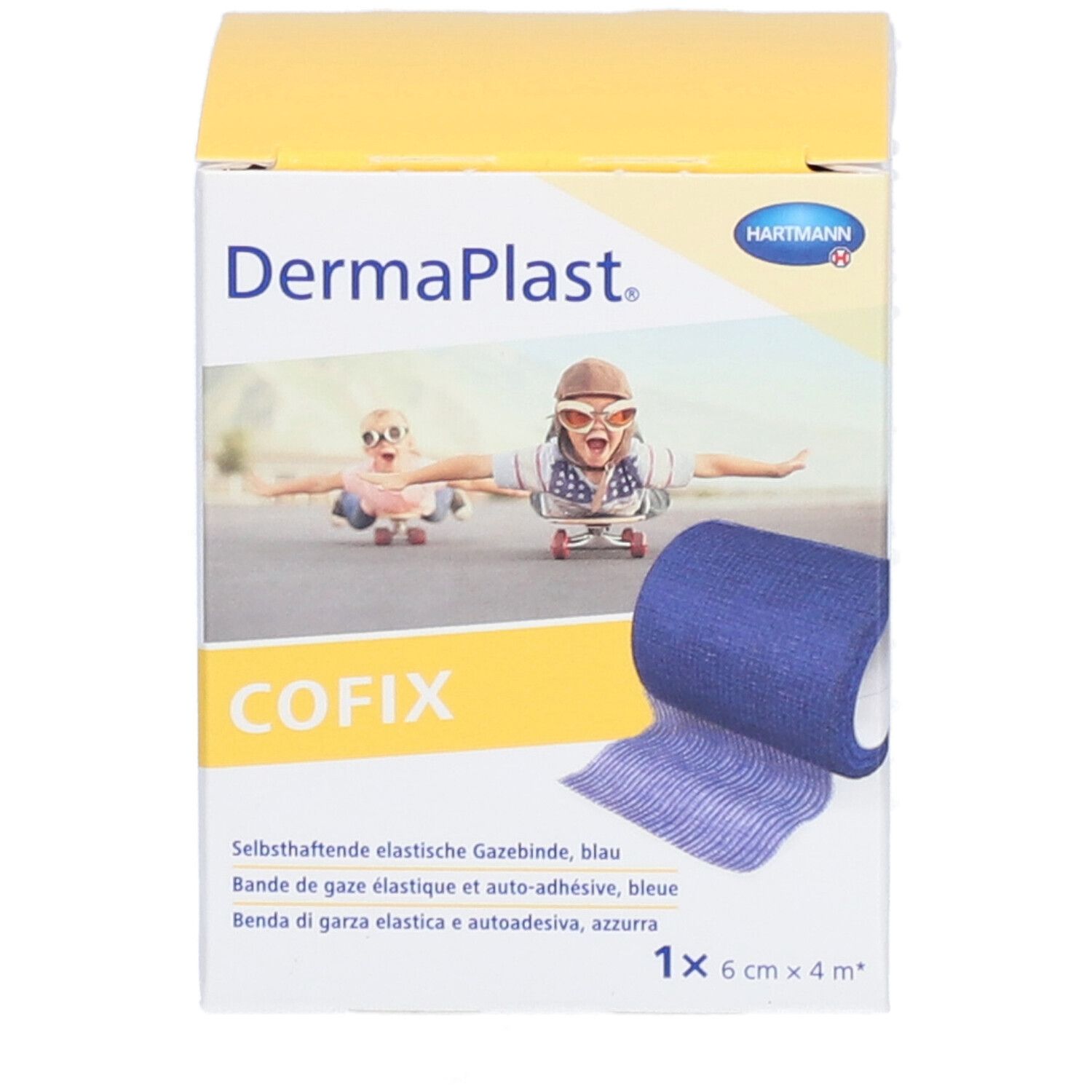 Verpackung von Dermaplast CoFix, blau. Rolle elastische Gazebinde, 6 cm x 4 m. Aufdrucke: CE, MD, Hartmann.