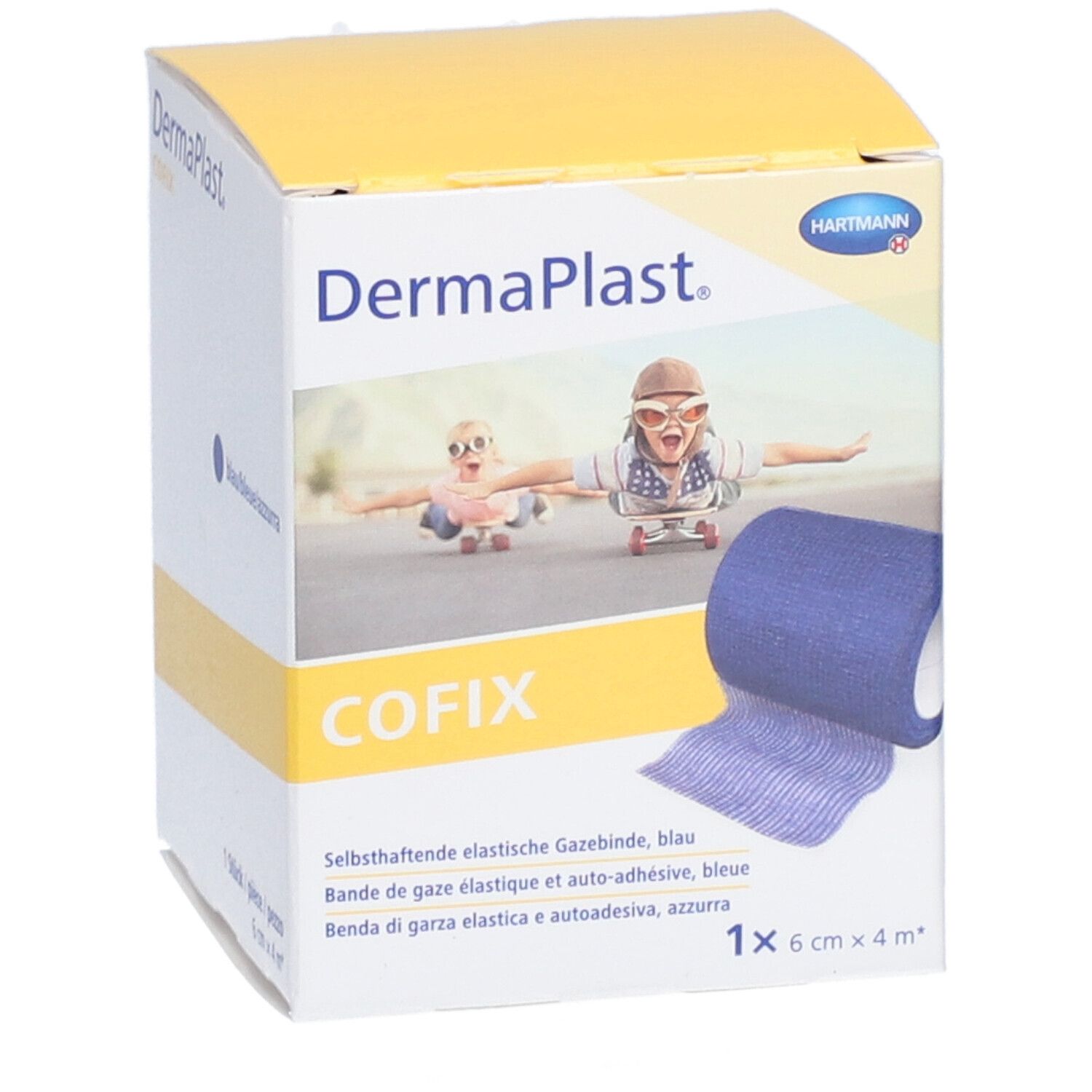 Verpackung von Dermaplast CoFix, blau. Rolle elastische Gazebinde, 6 cm x 4 m. Aufdrucke: CE, MD, Hartmann.