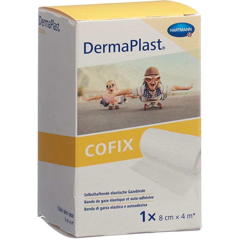 Emballage Dermaplast CoFix. Bande de gaze élastique blanche, 8 cm x 4 m. Inscriptions: Dermaplast, COFIX, Hartmann.