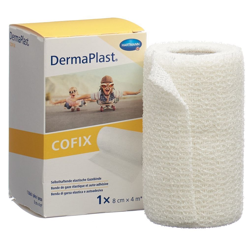 Emballage et rouleau Dermaplast CoFix. Bande de gaze élastique blanche. Inscriptions: Dermaplast, COFIX, Hartmann. Taille: 8 cm x 4 m.