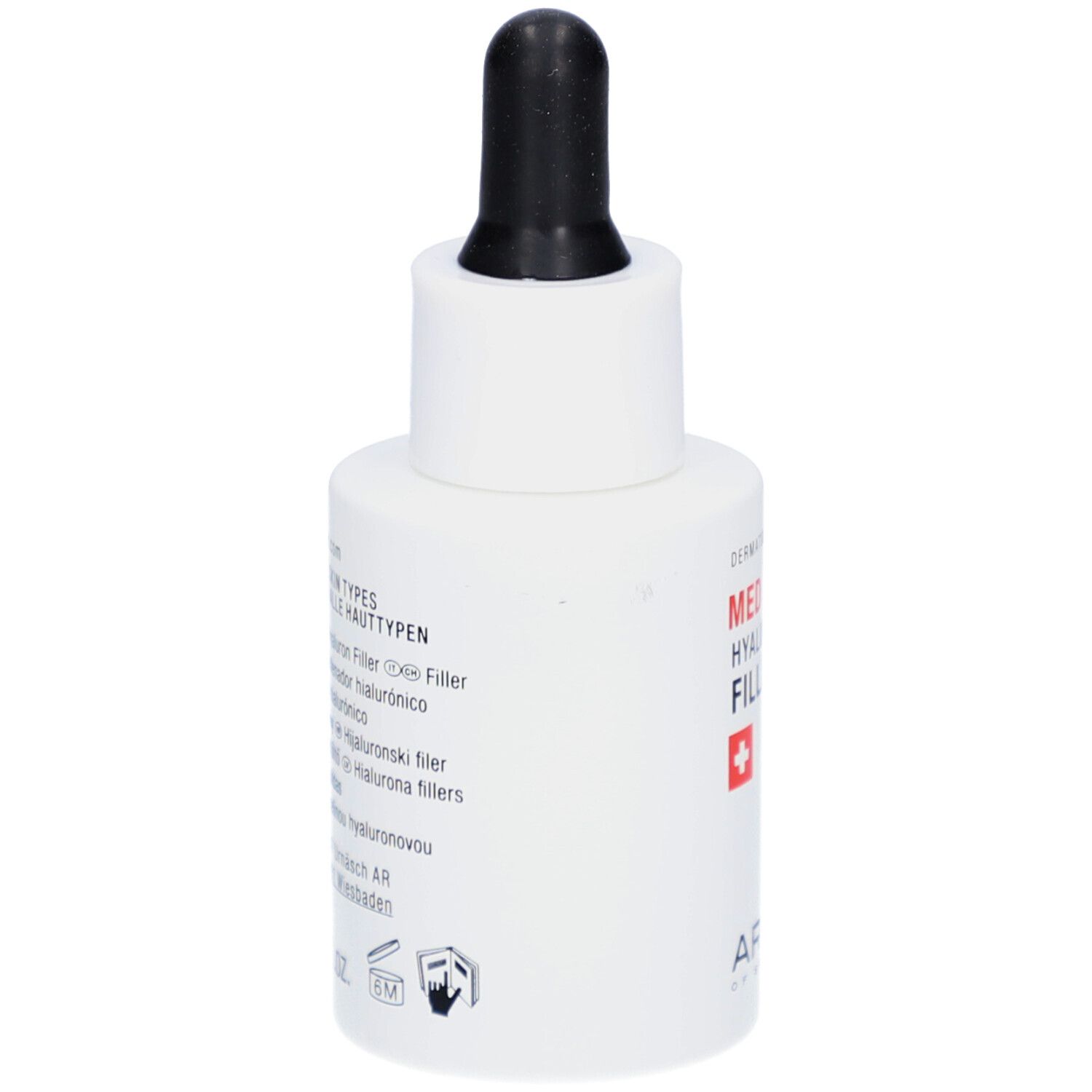 Weiße Flasche, Seitenansicht. Aufschrift: MED HYALURON FILLER, verschiedene Sprachen, ARTEMIS.