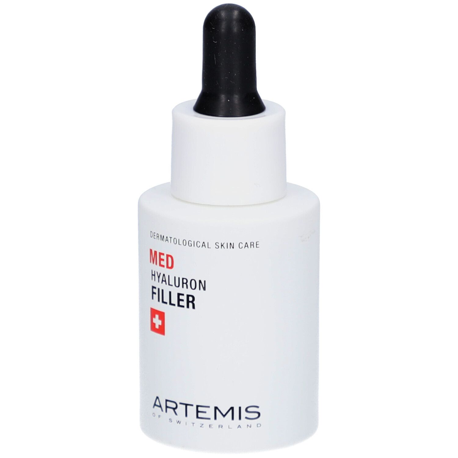 Weiße Flasche mit schwarzer Pipette. Aufschrift: MED HYALURON FILLER, rotes Kreuz, ARTEMIS.