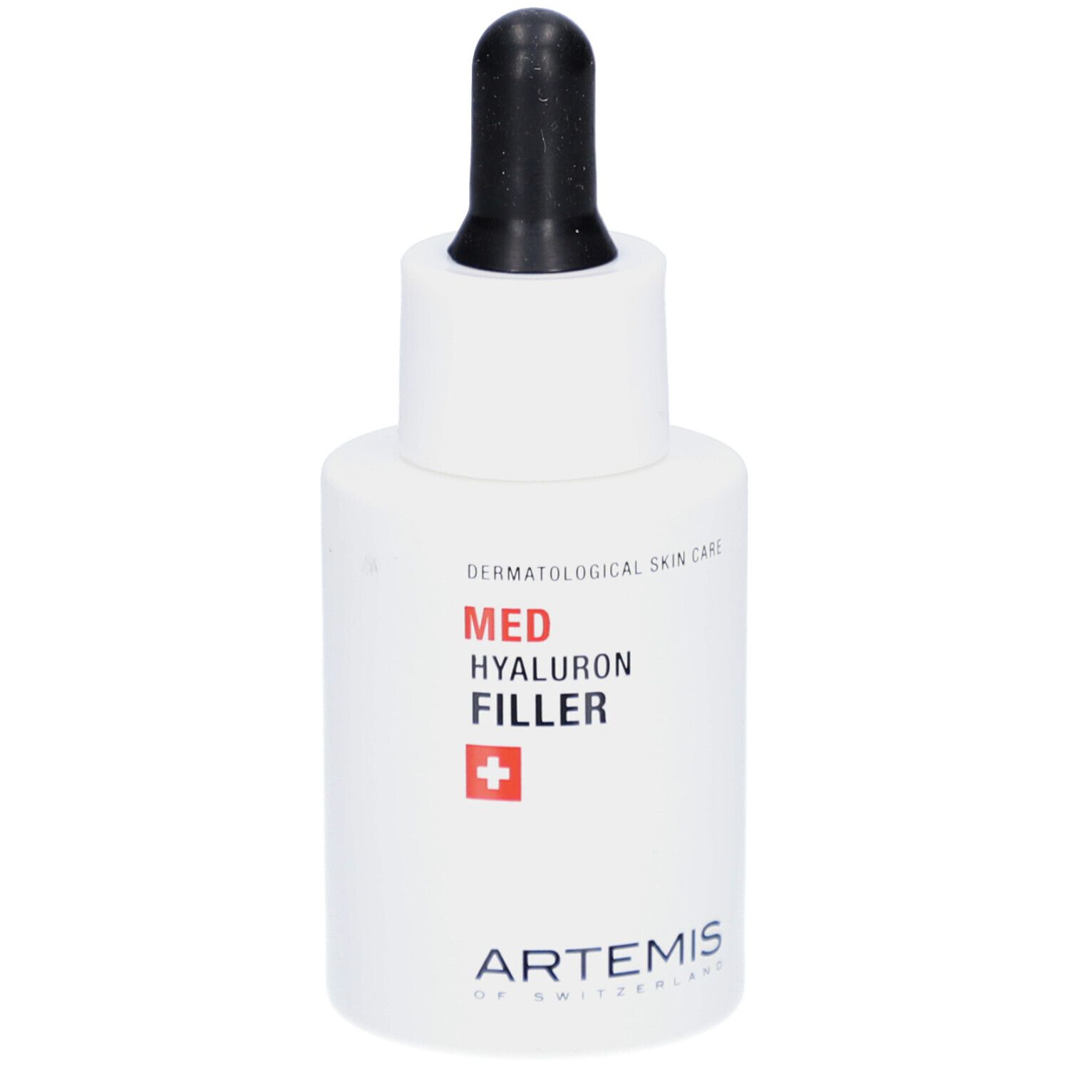 Weiße Flasche mit schwarzer Pipette. Aufschrift: MED HYALURON FILLER, rotes Kreuz, ARTEMIS.