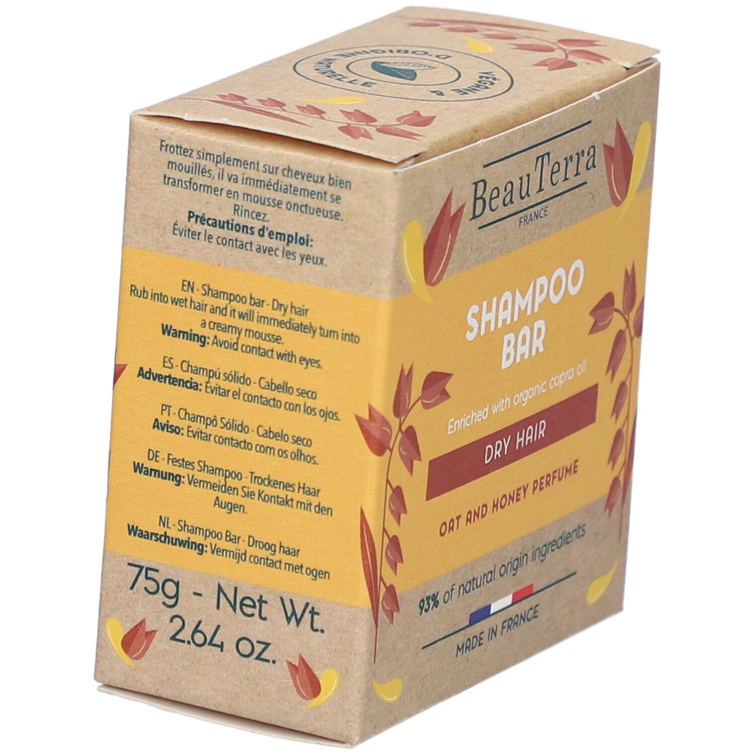 Kartonverpackung mit Shampoo Bar. Text: BeauTerra, Shampoo Bar, Trockenes Haar, Hafer-Honig-Duft. 75g, 2.64 oz.