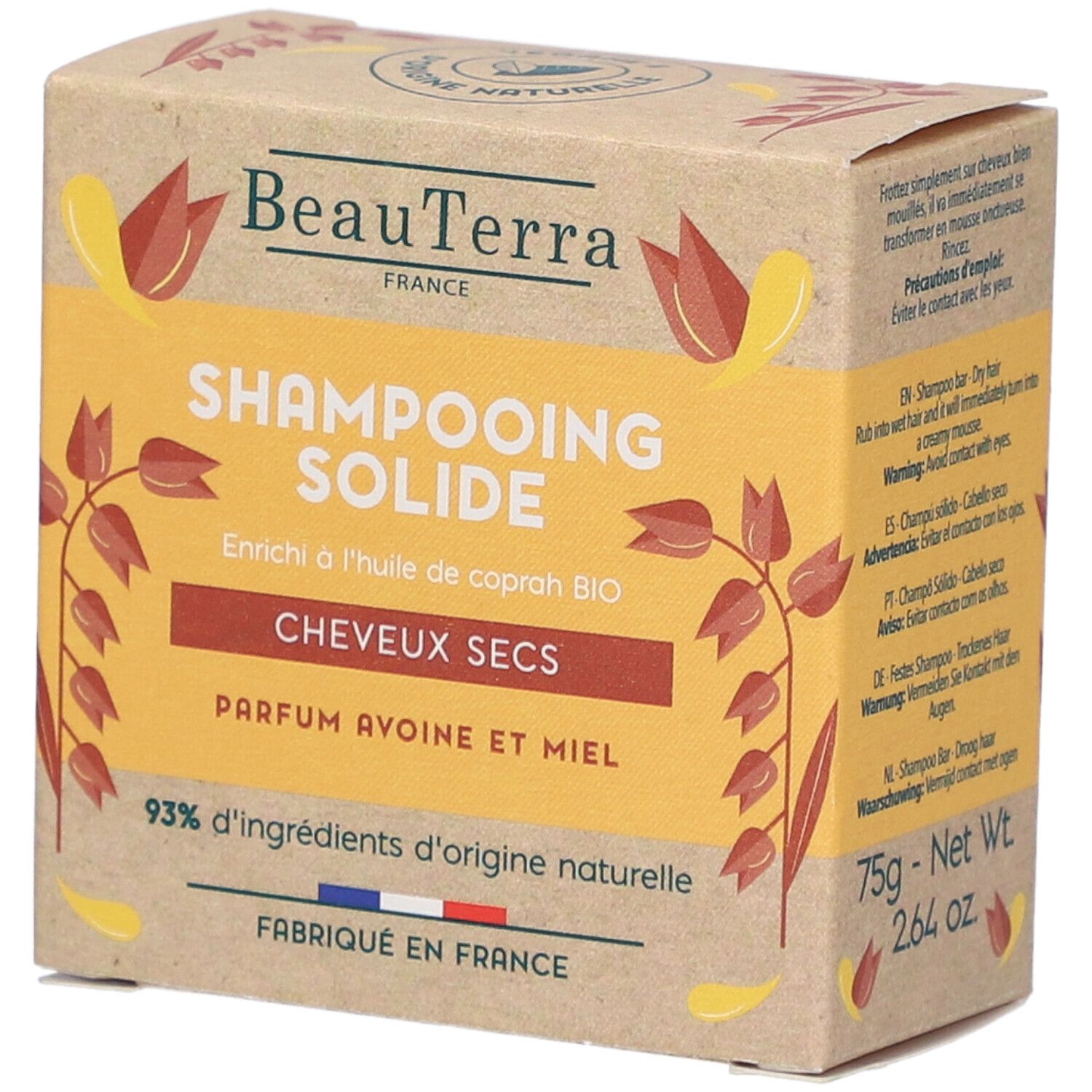Kartonverpackung mit Shampooing Solide. Text: BeauTerra, Shampooing Solide, Trockenes Haar, Hafer-Honig-Duft. 75g, 2.64 oz.