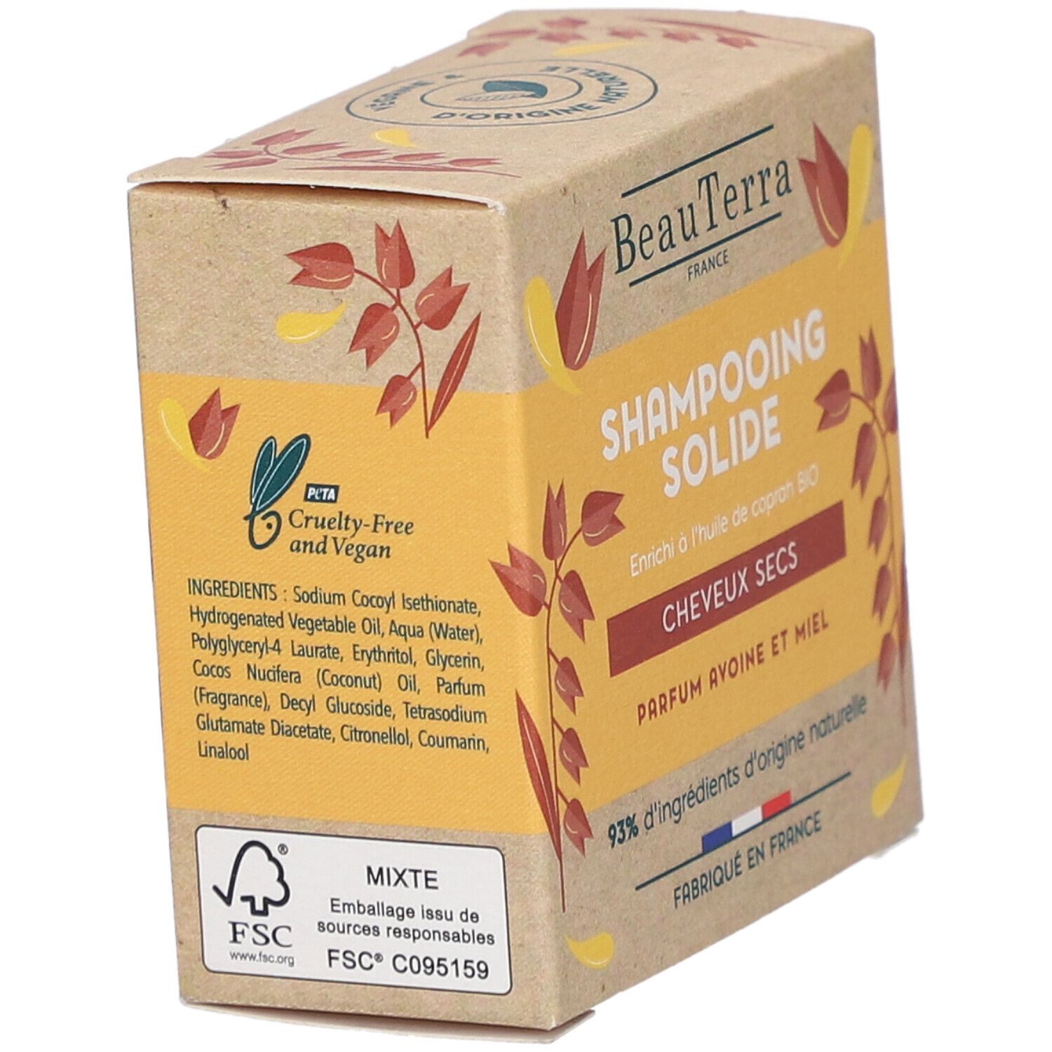 Kartonverpackung mit Shampooing Solide. Text: BeauTerra, Shampooing Solide, Trockenes Haar, Hafer-Honig-Duft. Cruelty-Free und Vegan.